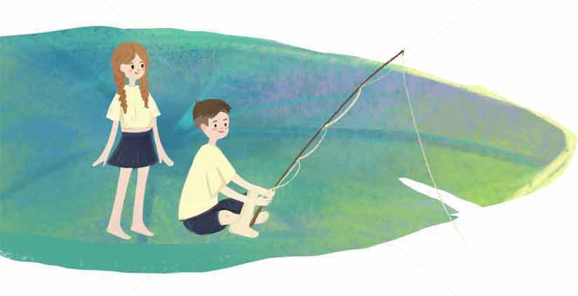 儿童钓鱼插画-清新水彩风格素材