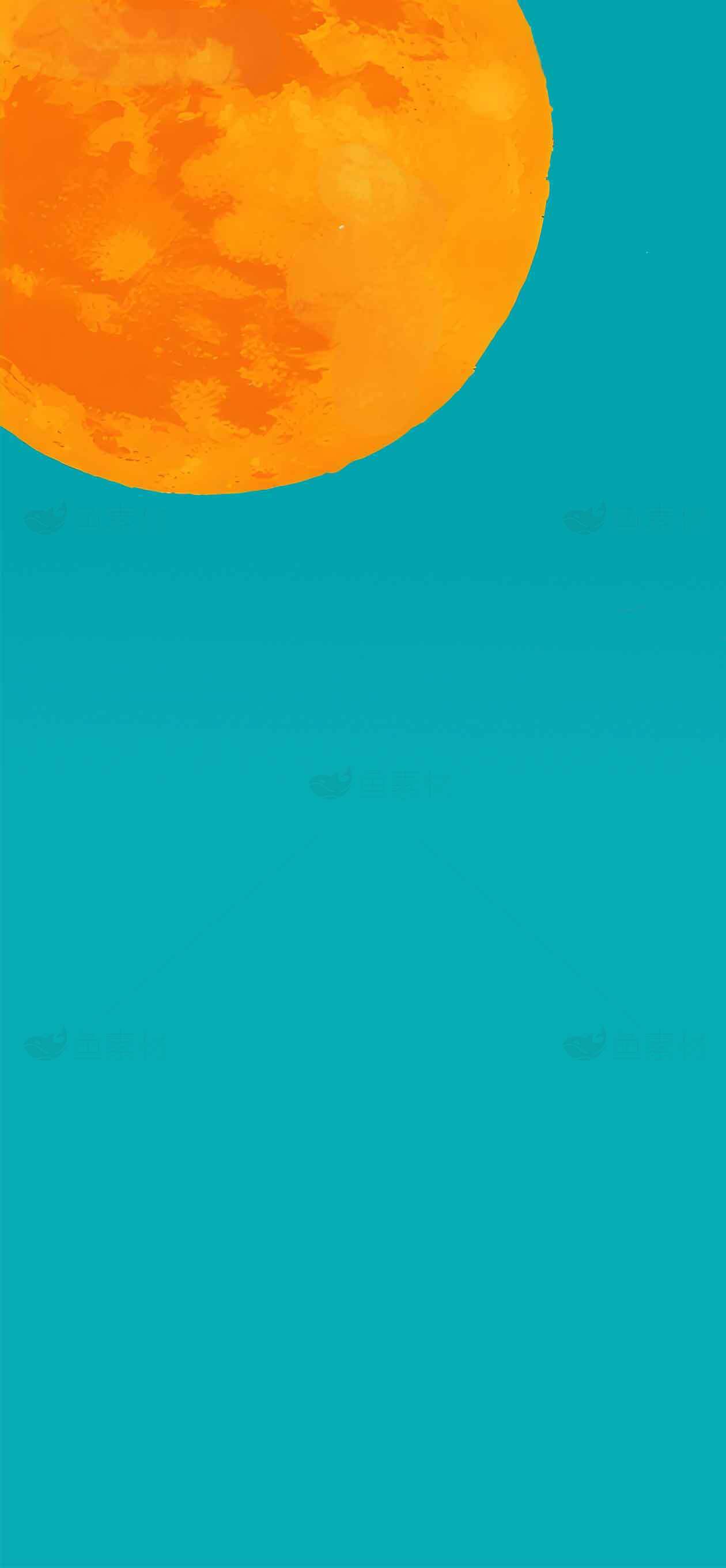 橙色满月与蓝色背景的极简艺术设计素材