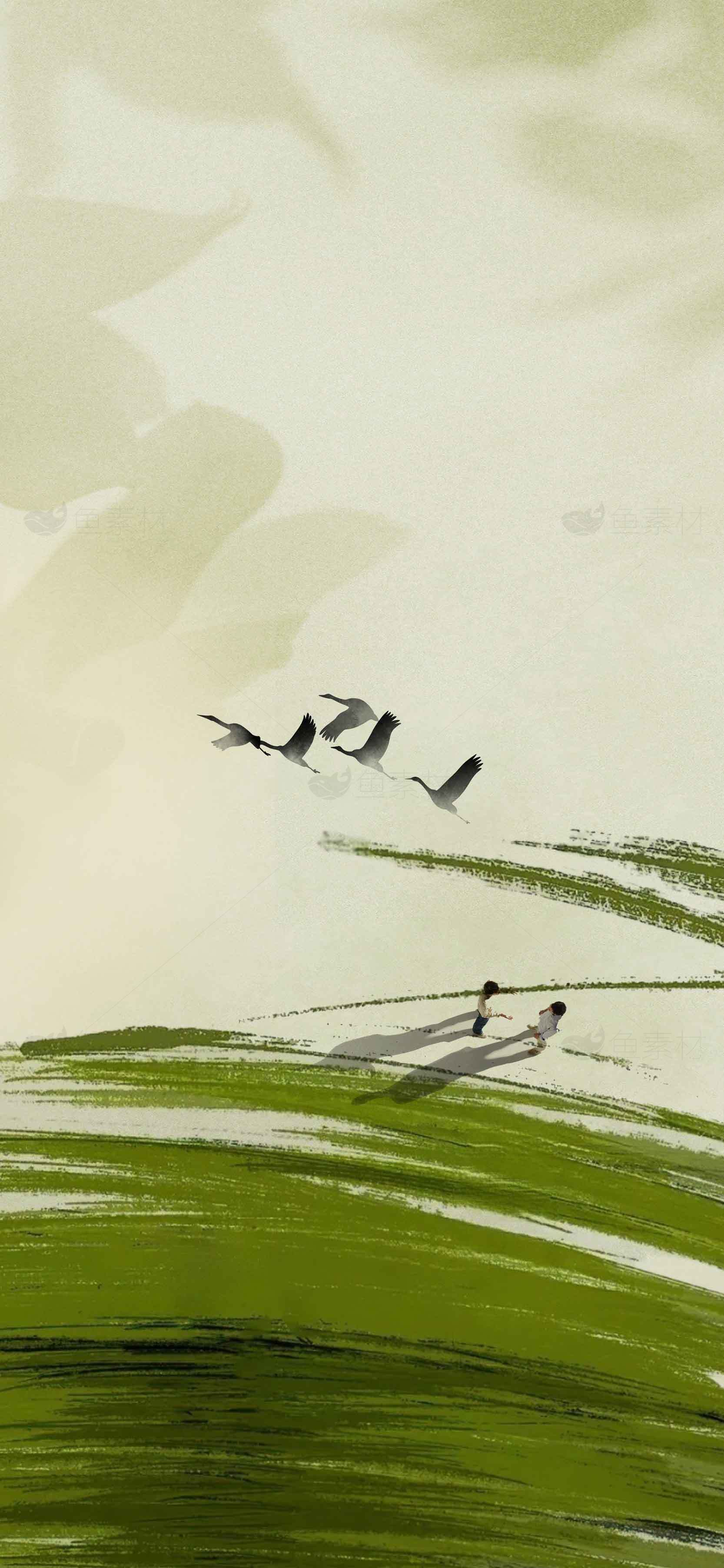 中国风水墨画山水与飞鸟意境图片素材