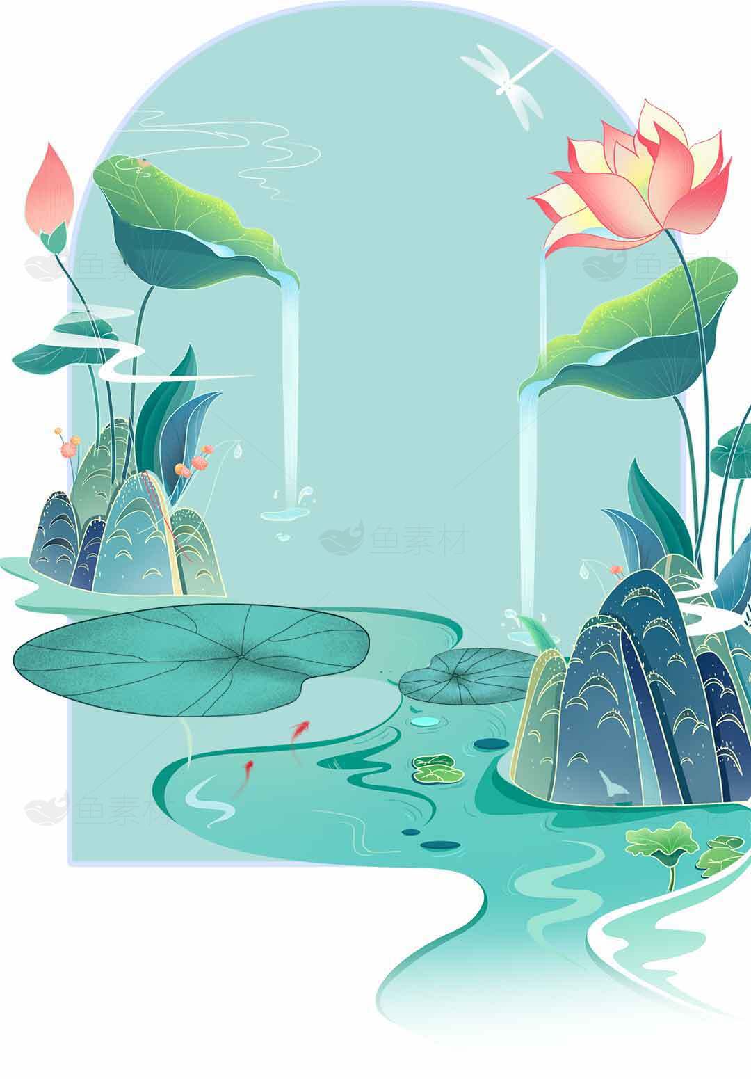 唯美荷花水景插画设计素材