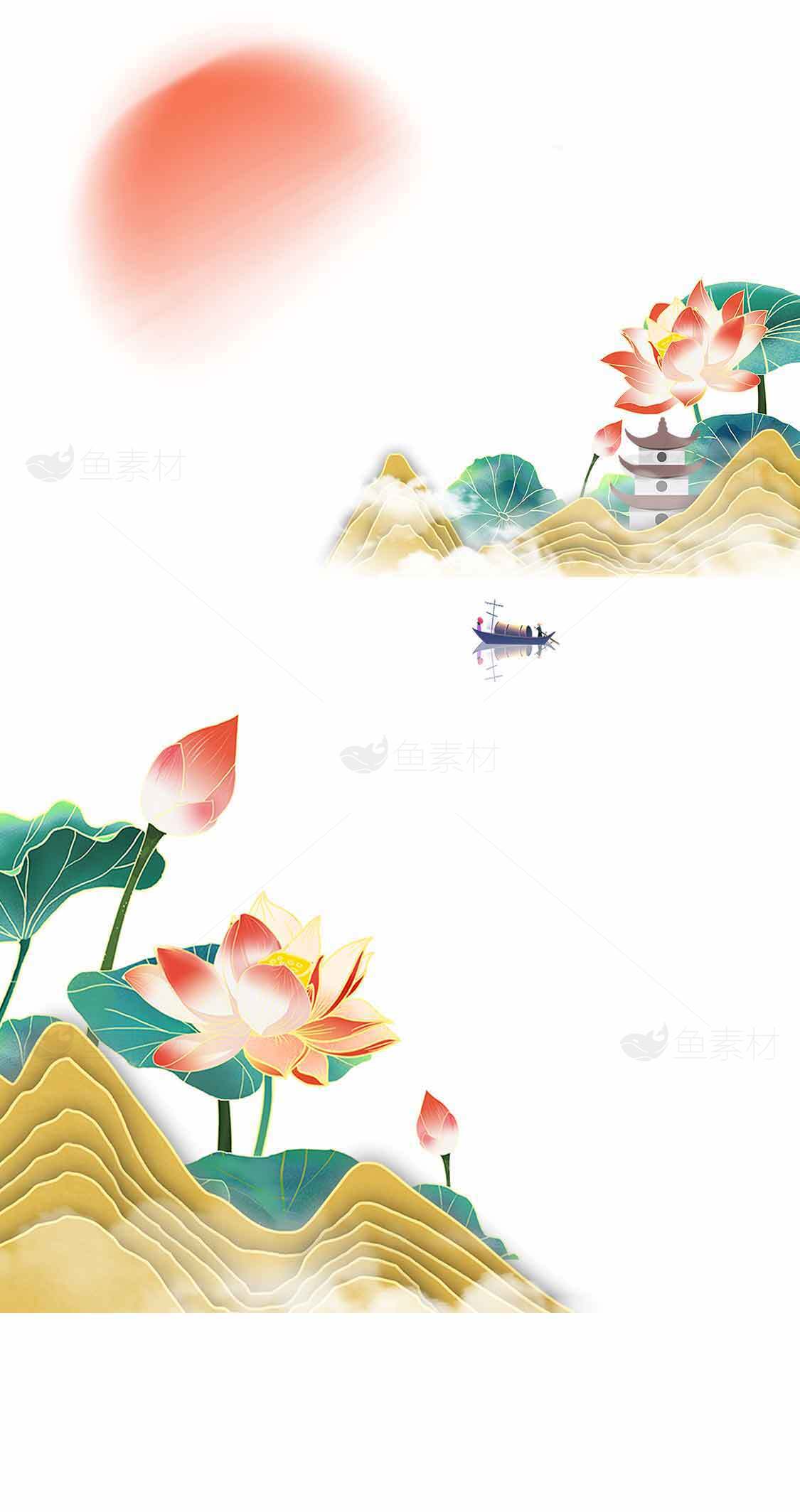 唯美中国风荷花山水画背景图片素材