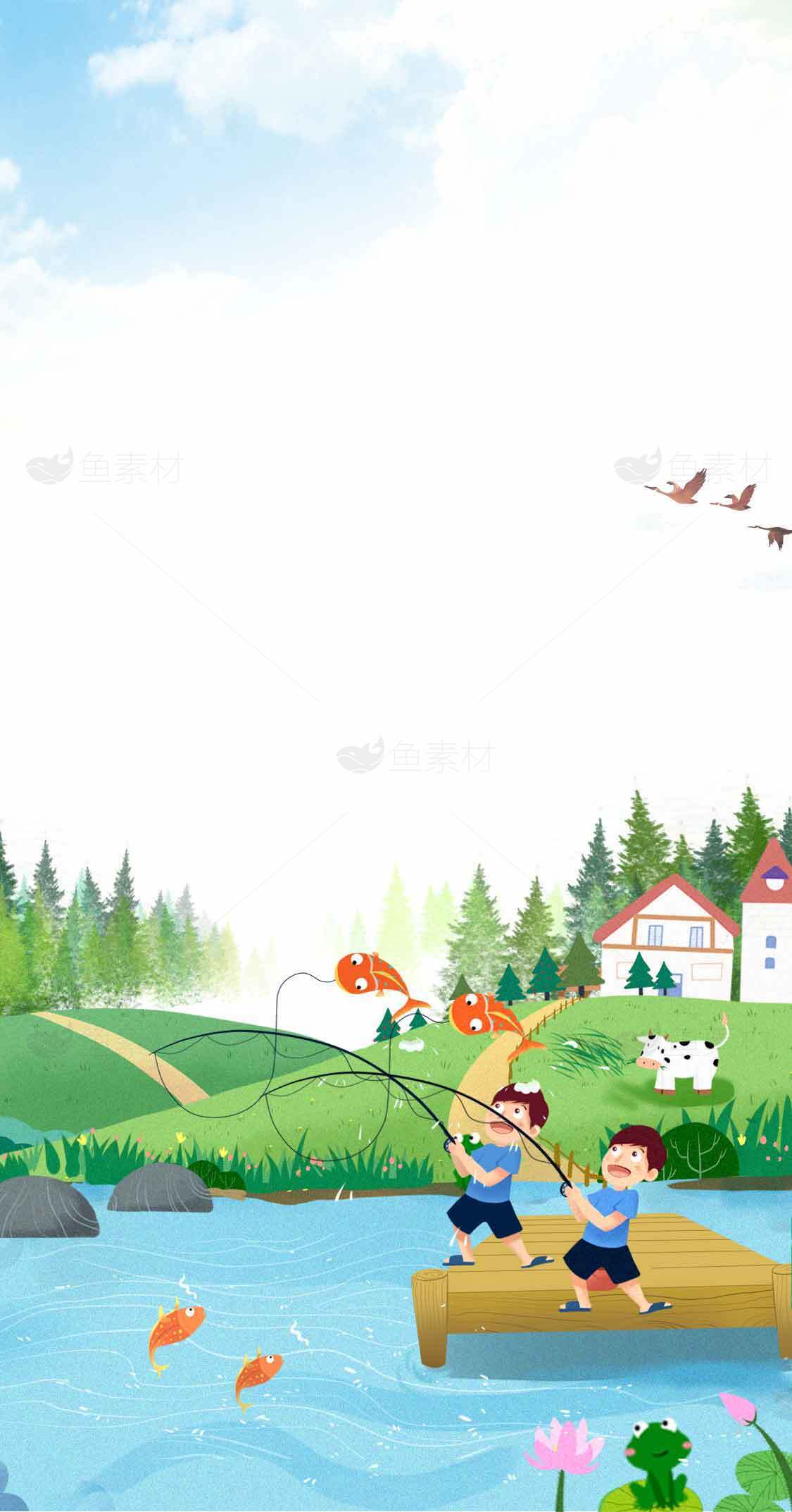 乡村儿童钓鱼卡通插画背景图片素材