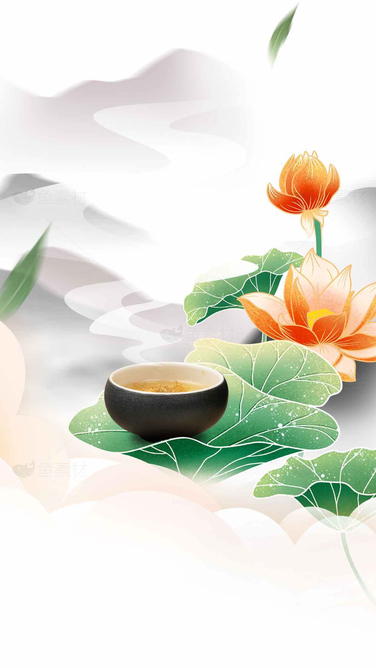 禅意茶道与荷花意境插画图片素材