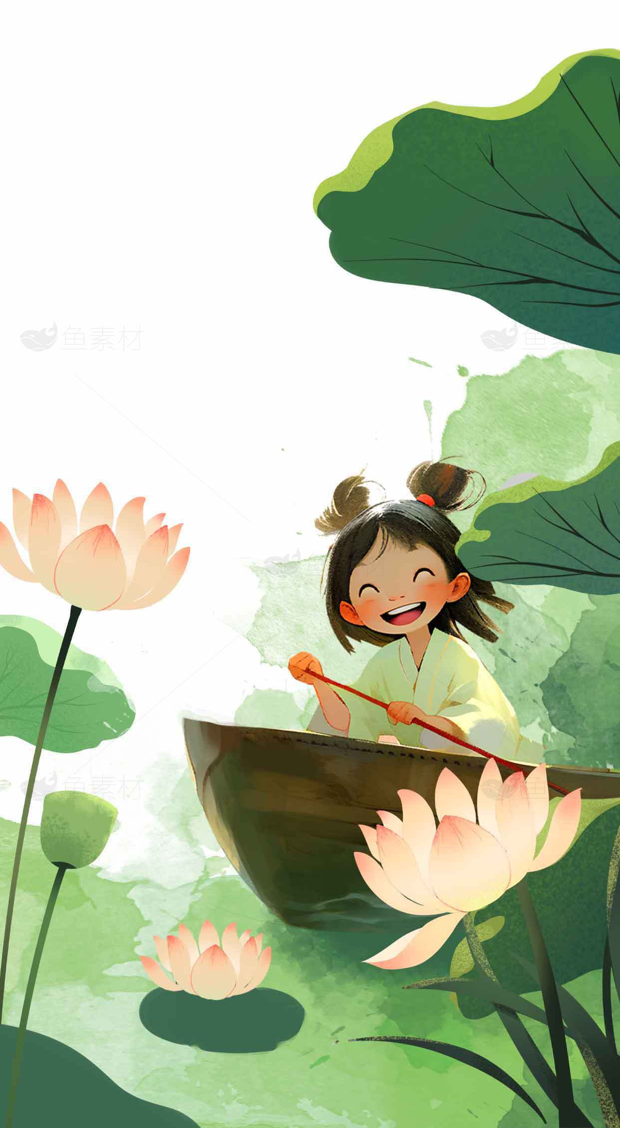 唯美荷花与小船插画设计素材