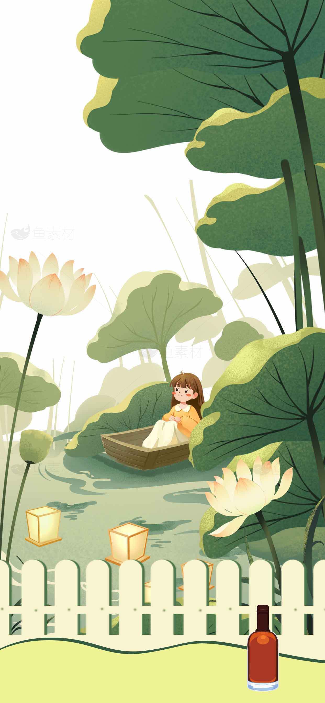 荷塘月色唯美插画背景图片素材