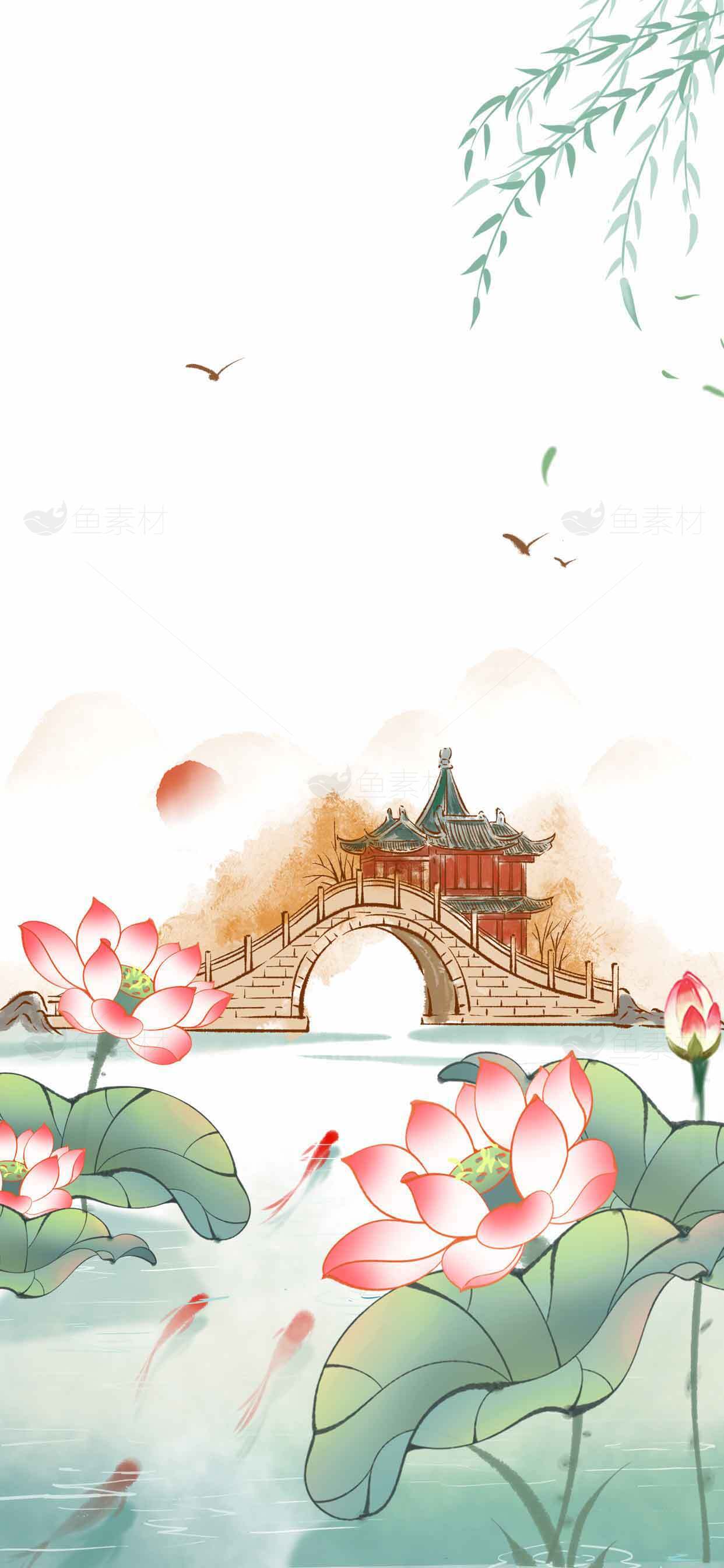 中国古风水墨画：荷花与拱桥意境之美素材
