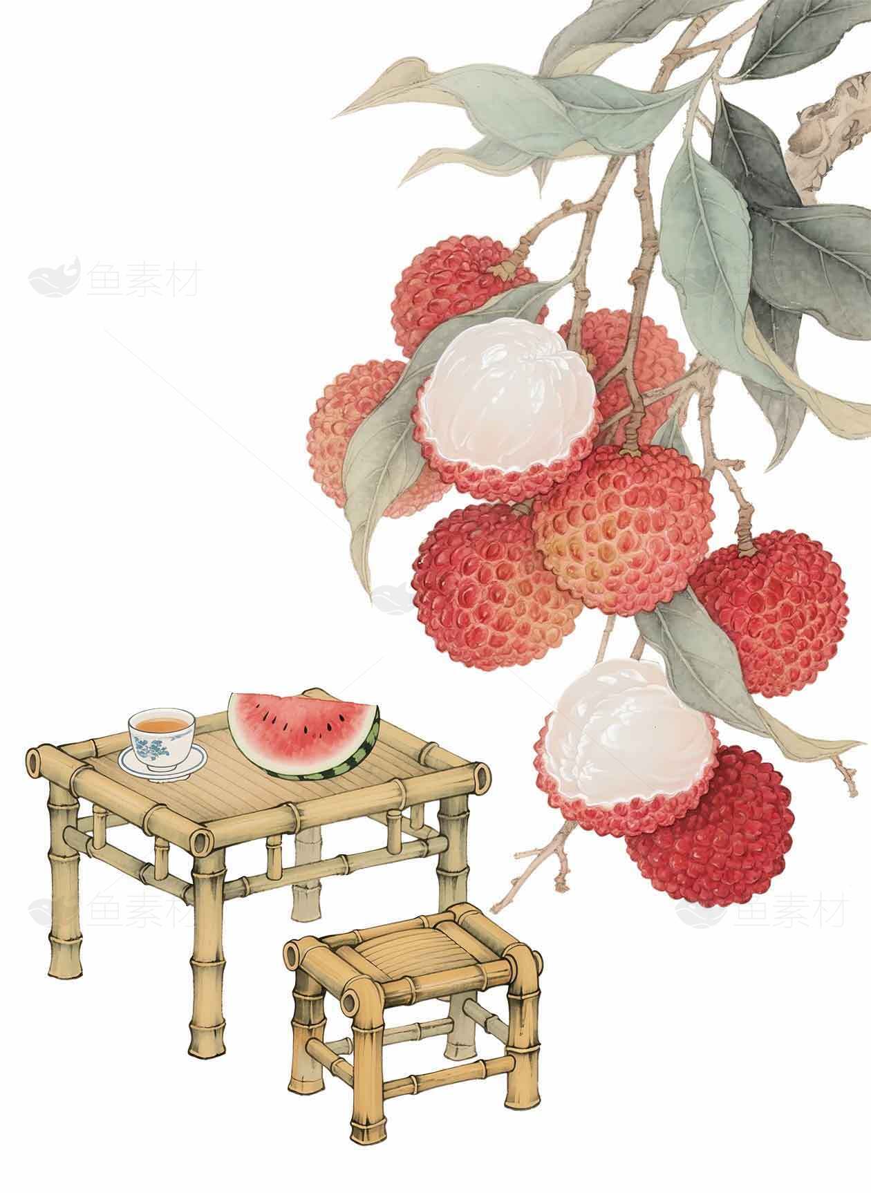 国风荔枝与竹制茶桌插画素材