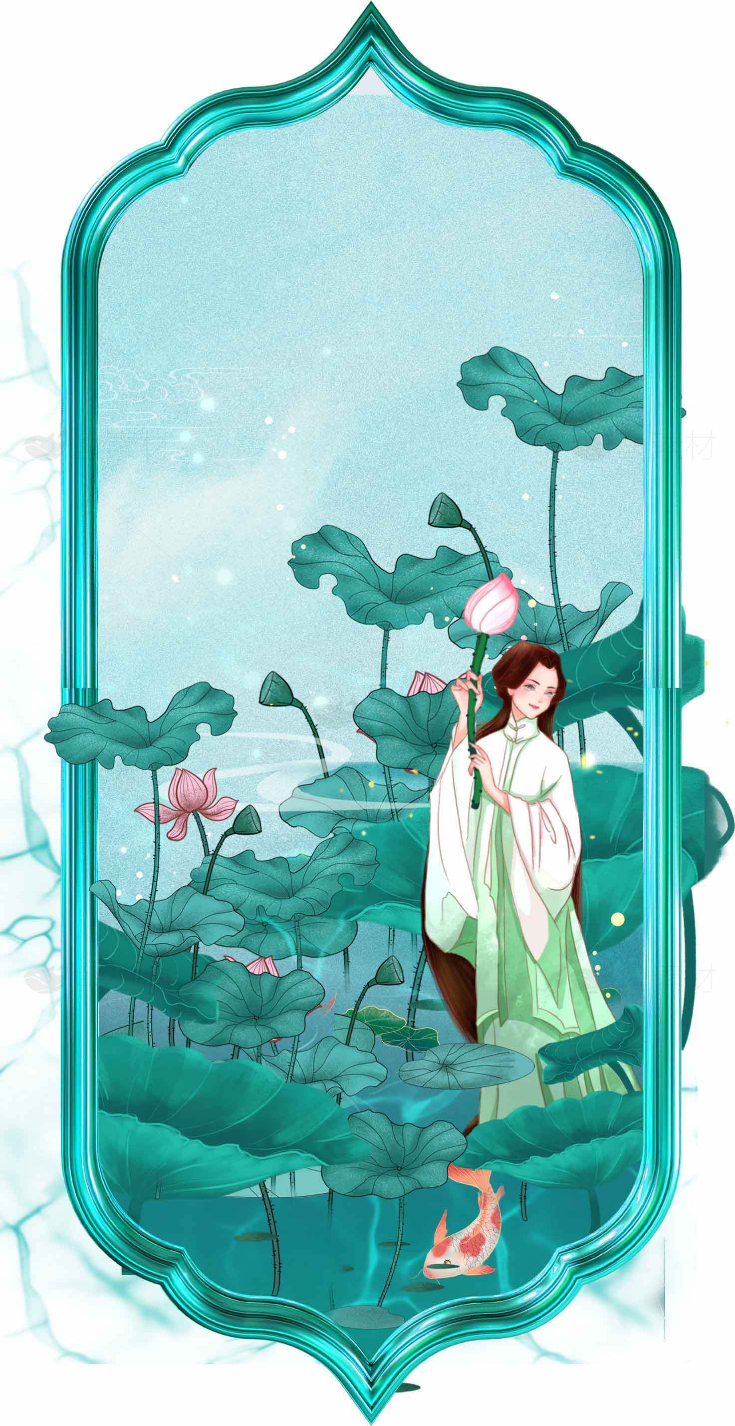 古风荷花意境插画背景图片素材