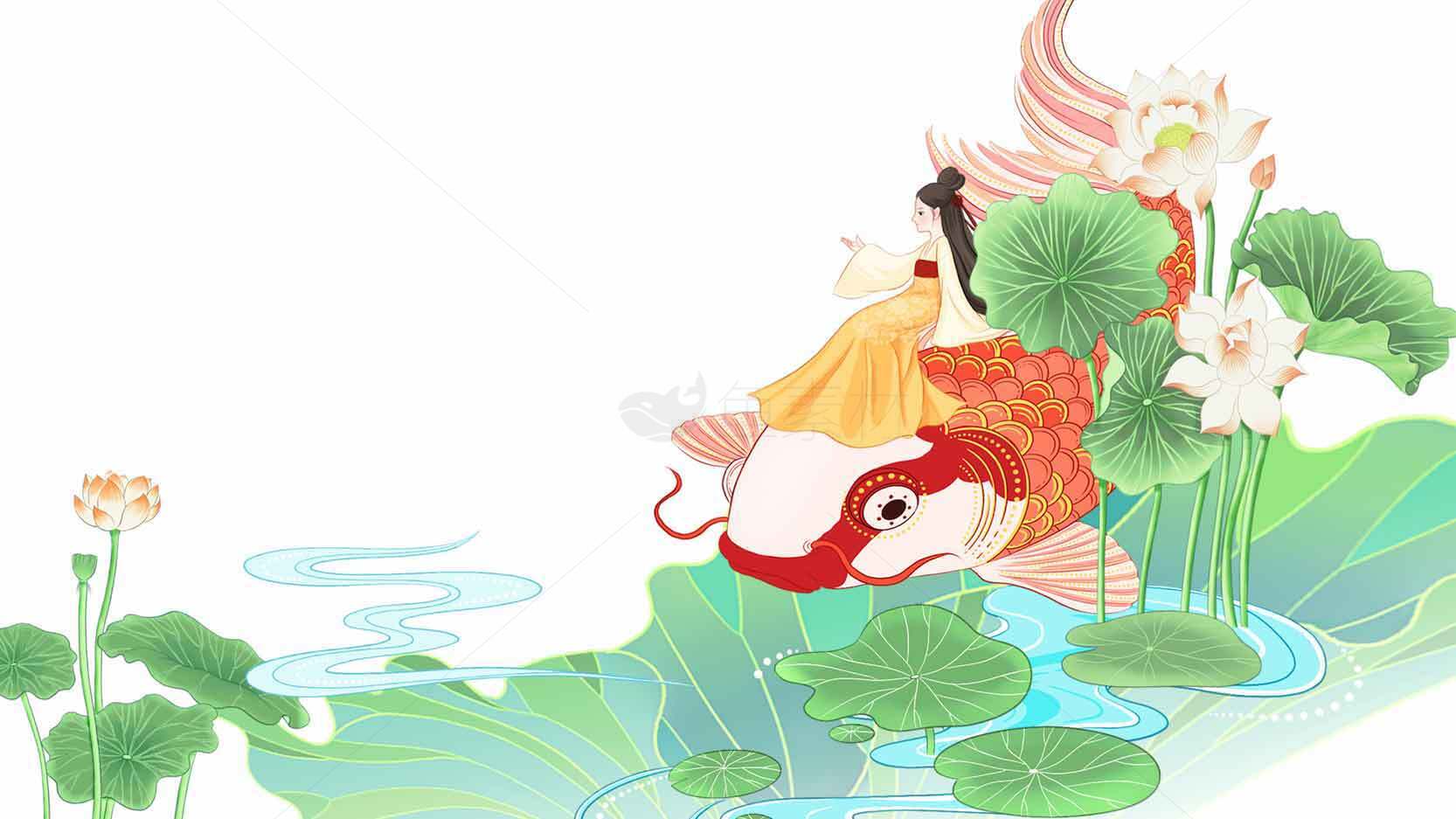 国风唯美荷花与锦鲤插画设计素材