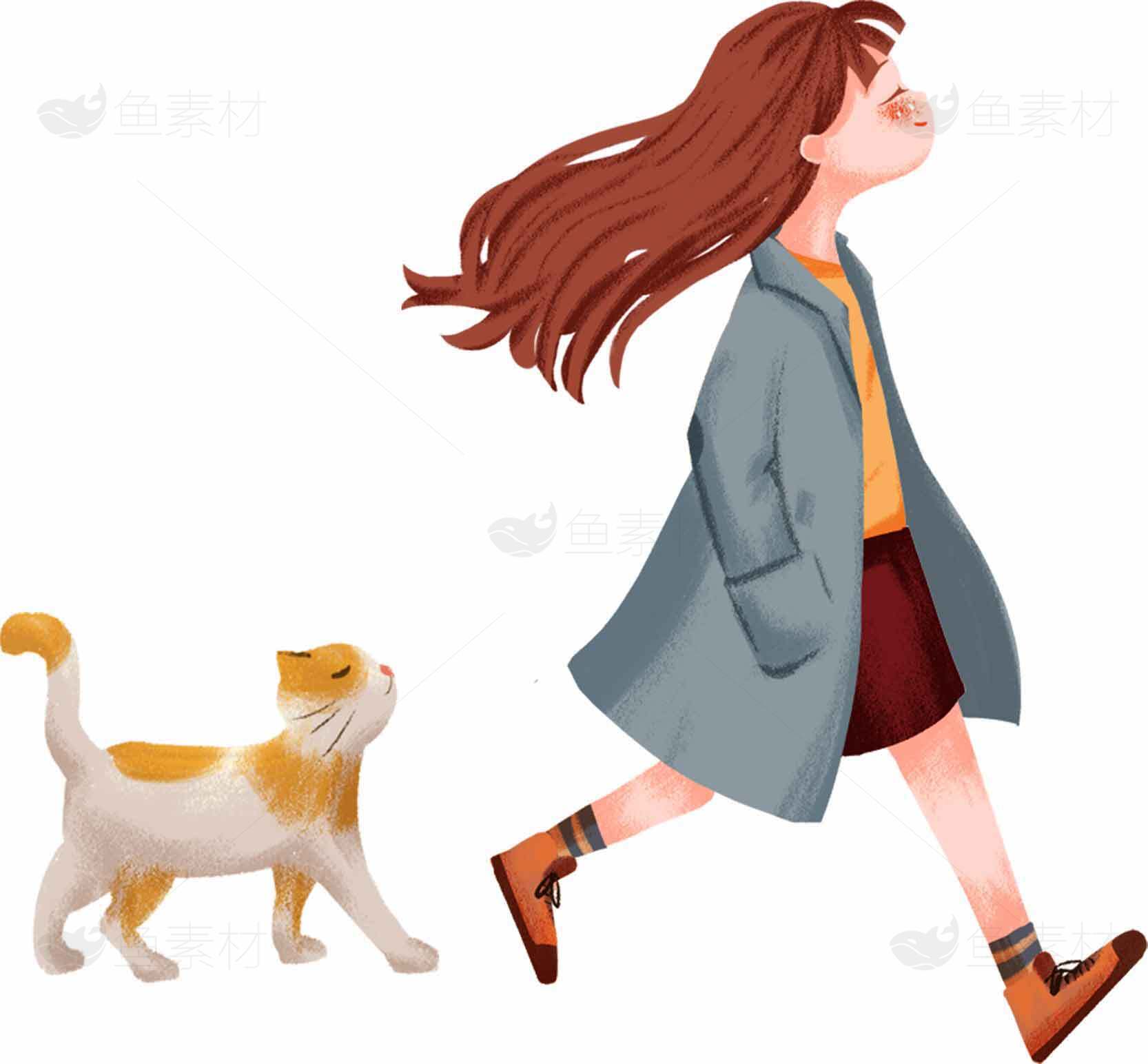 女孩与猫的插画艺术：温暖秋日漫步素材