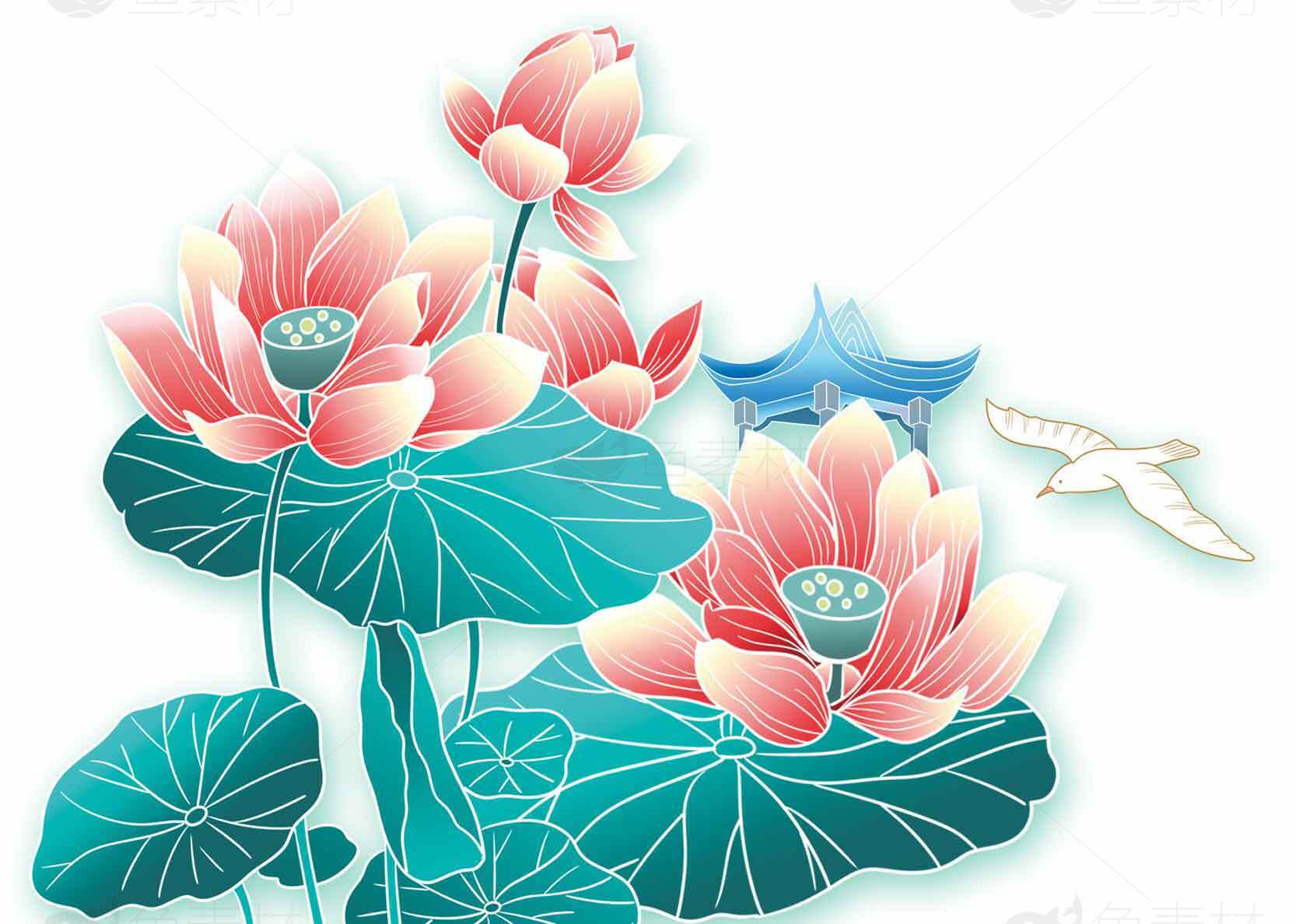 唯美荷花与飞鸟插画设计素材