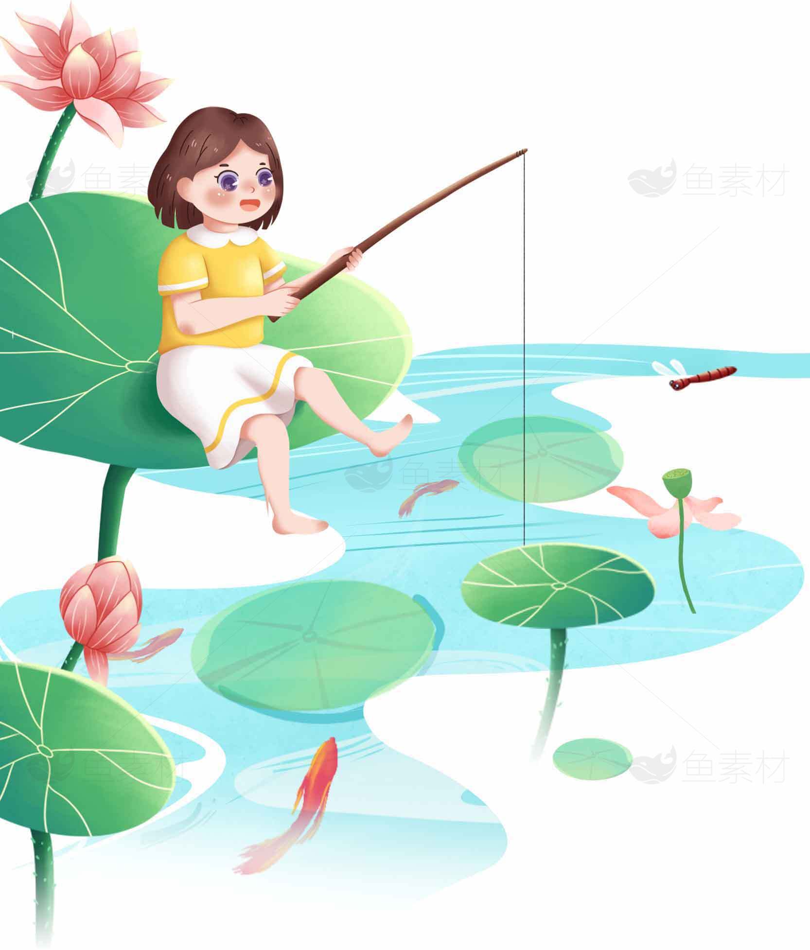 儿童荷塘垂钓插画图片素材
