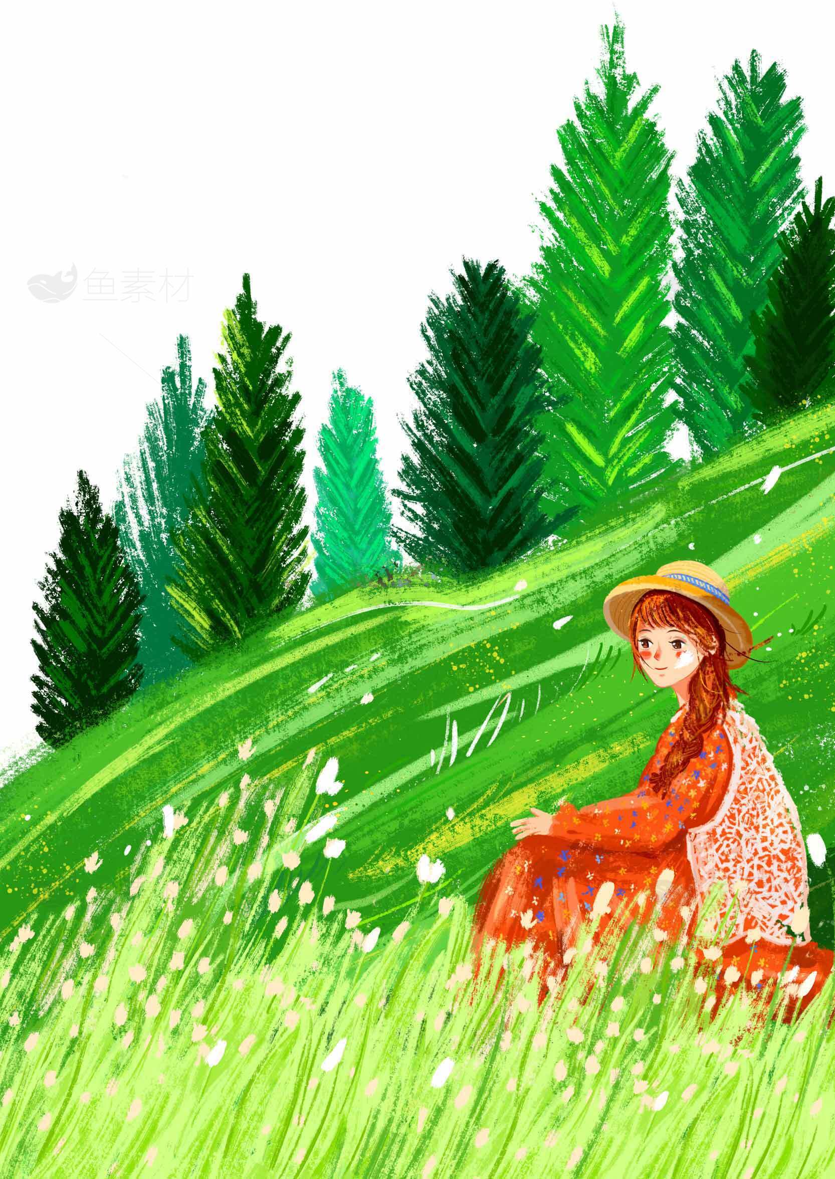 田园风光中的静谧时光插画素材