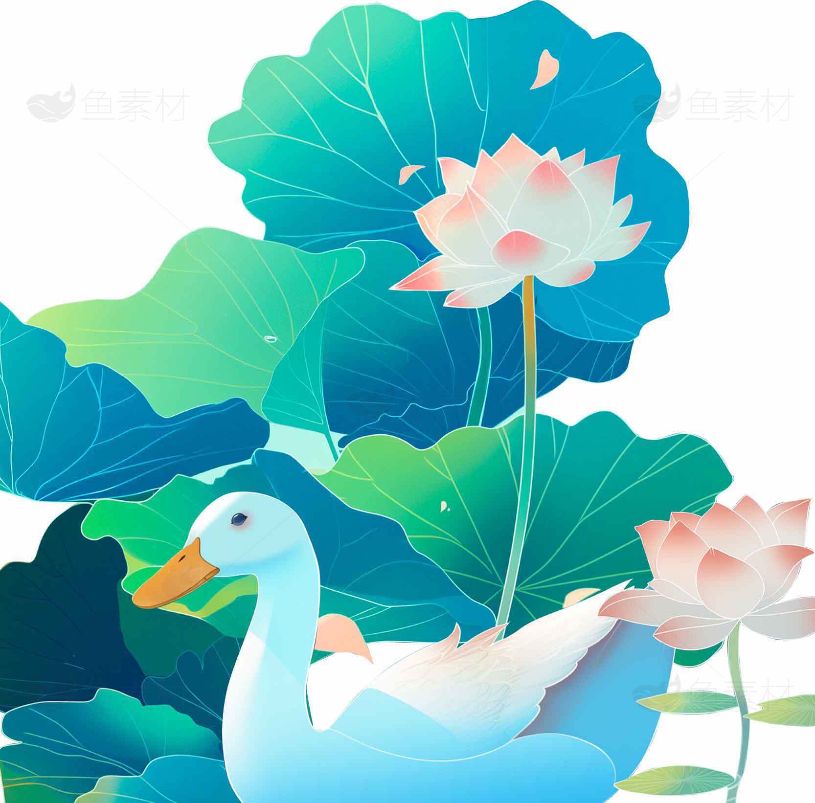 清新荷塘与白鹅插画设计素材