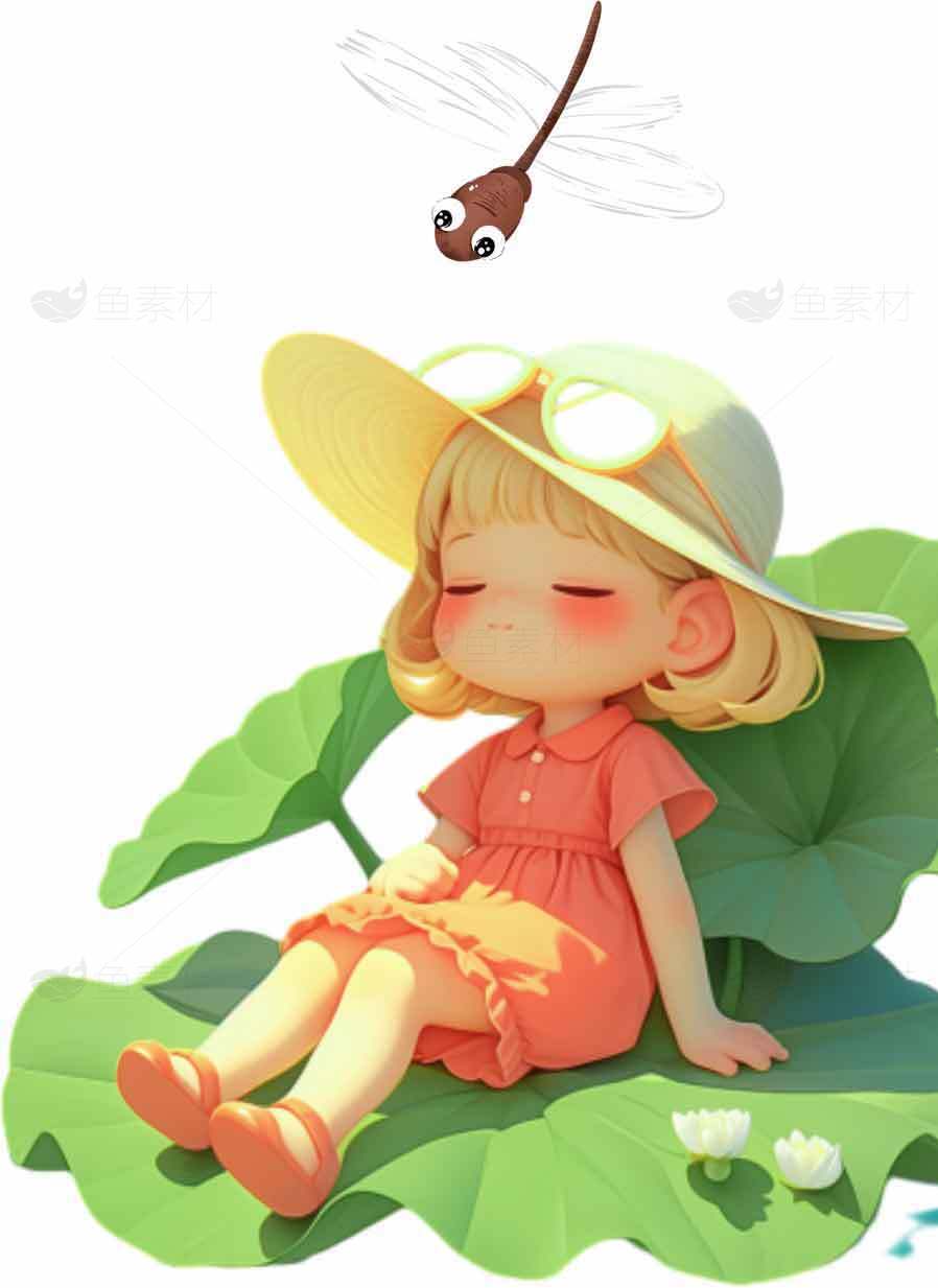 夏日清新插画：荷叶与女孩的童趣时光素材