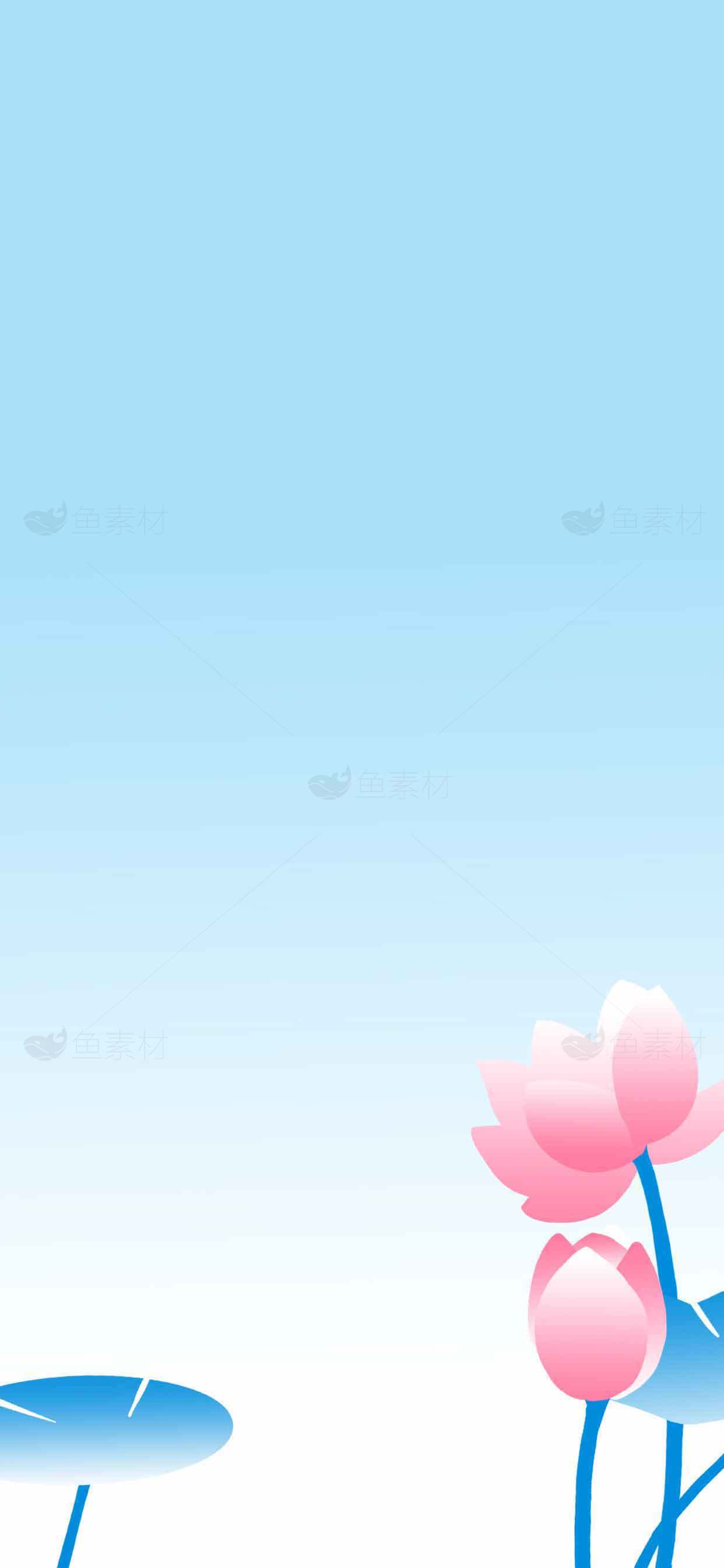 清新蓝色背景与粉色荷花插画设计素材