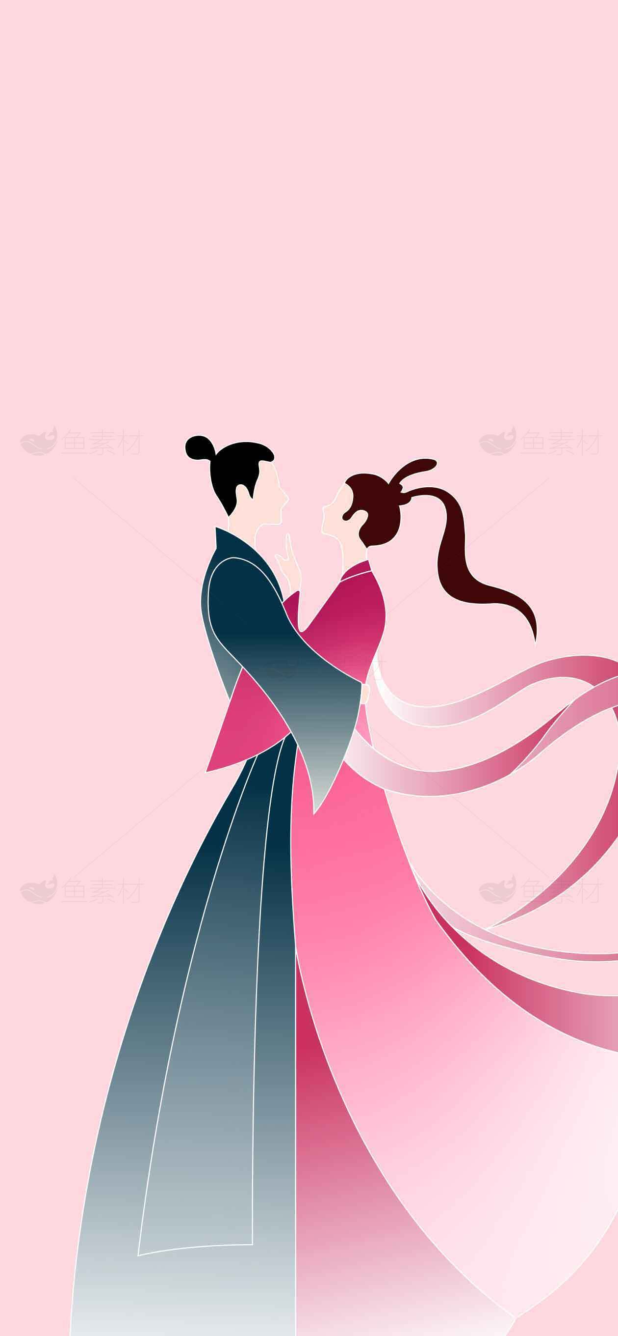 中国风情侣插画：唯美古风爱情画作素材