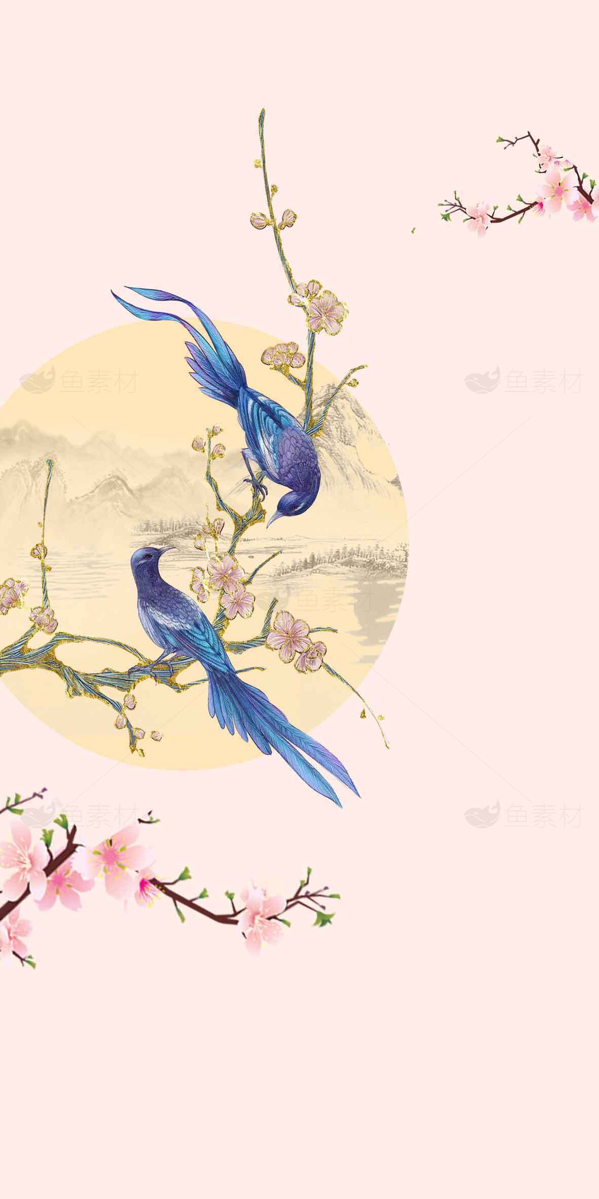唯美中国风蓝色鸟与桃花背景图片素材