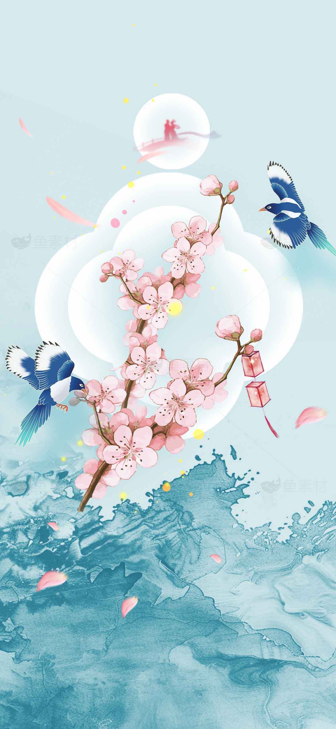 唯美水墨风格樱花与蓝鸟背景图片素材