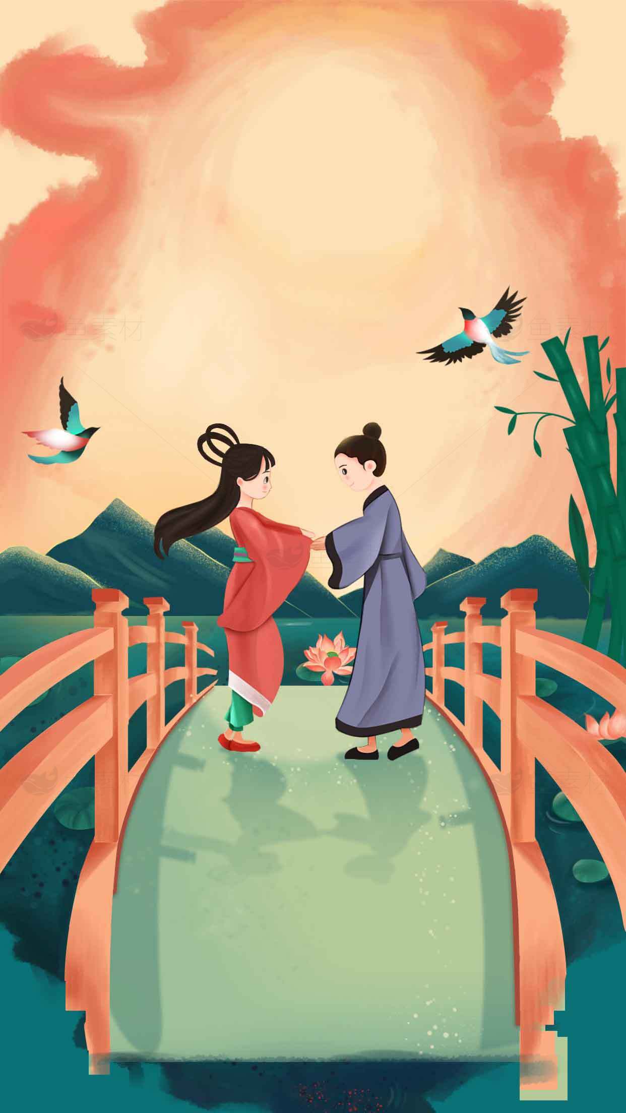 中国传统爱情故事插画：鹊桥相会素材