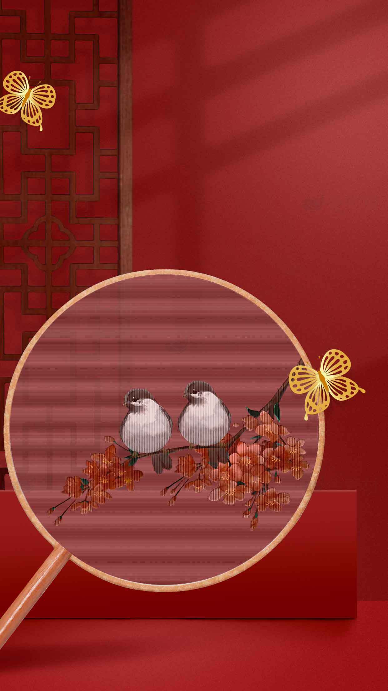 中式红色背景装饰画：团扇与小鸟素材