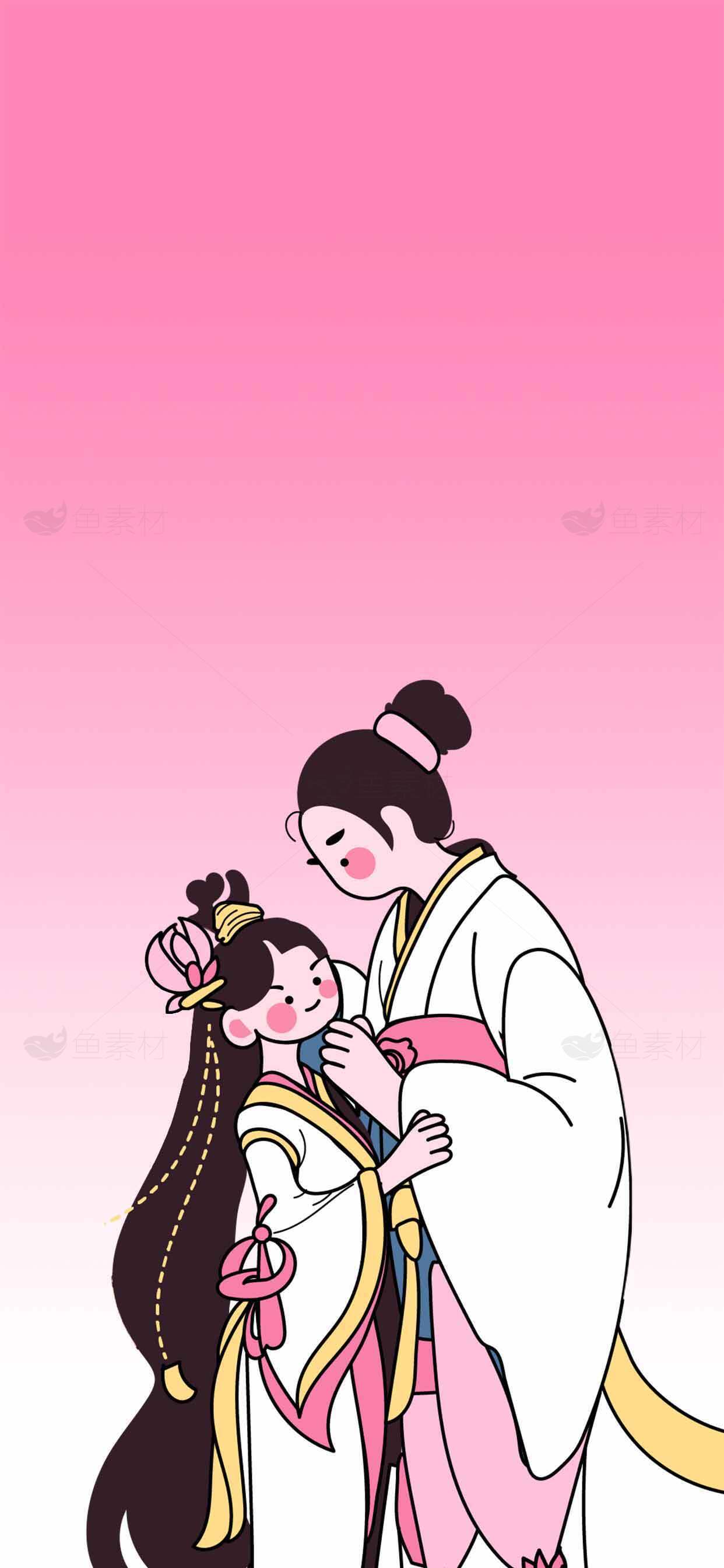 中国传统亲子插画：温馨母女情素材