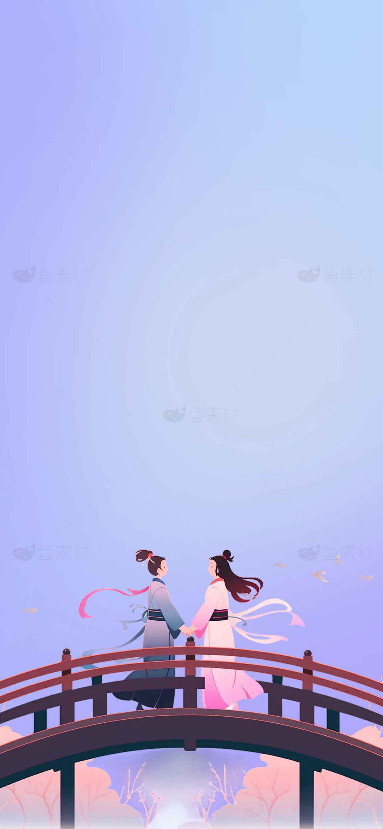 古代男女桥上浪漫相遇插画素材