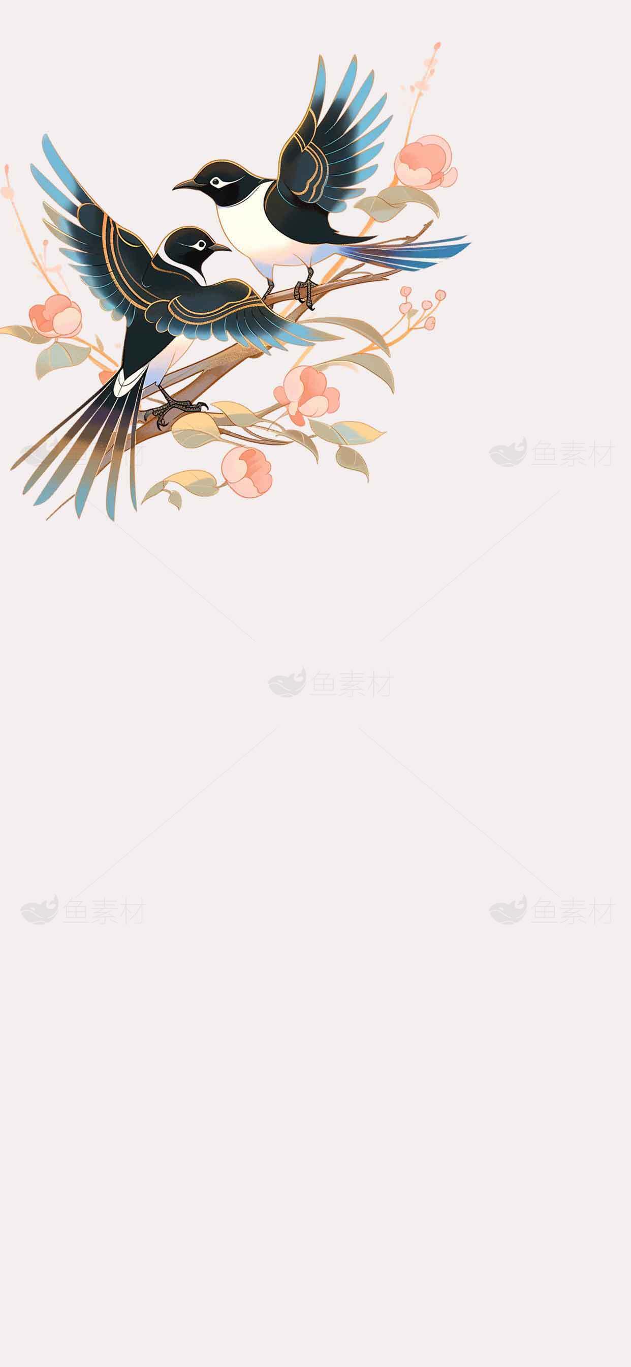 唯美手绘喜鹊与花枝插画背景图片素材