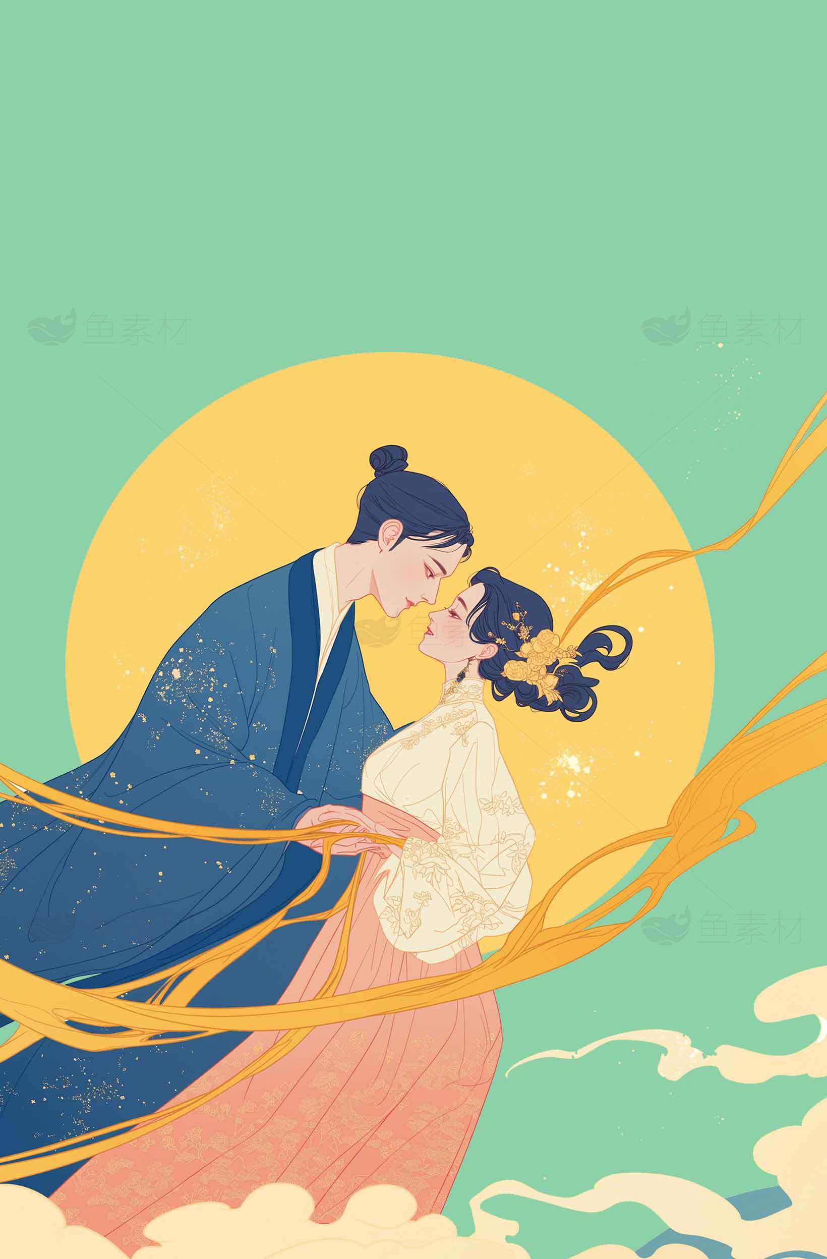 中国古风情侣插画唯美意境素材