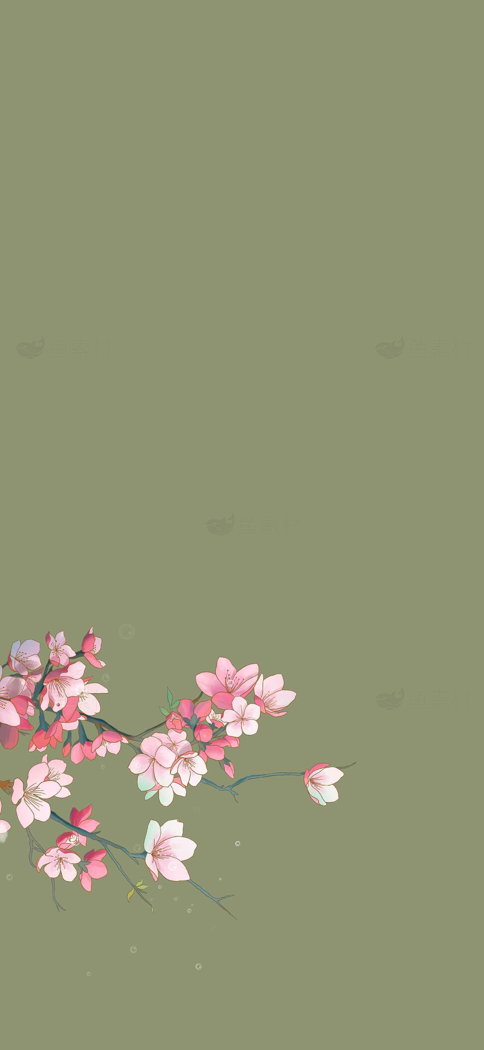 简约绿色背景与粉色花卉手机壁纸素材