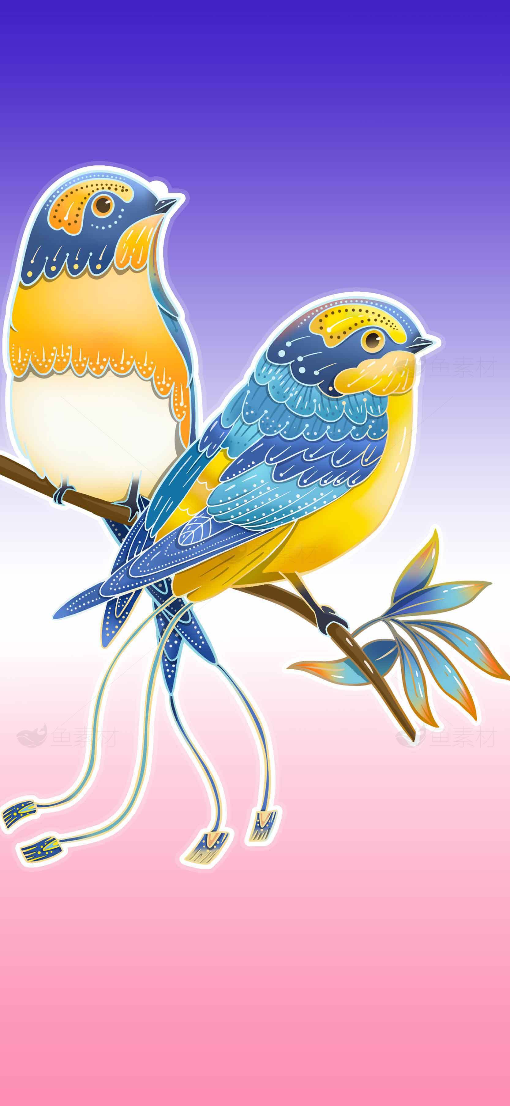 手绘风格蓝黄小鸟插画设计素材