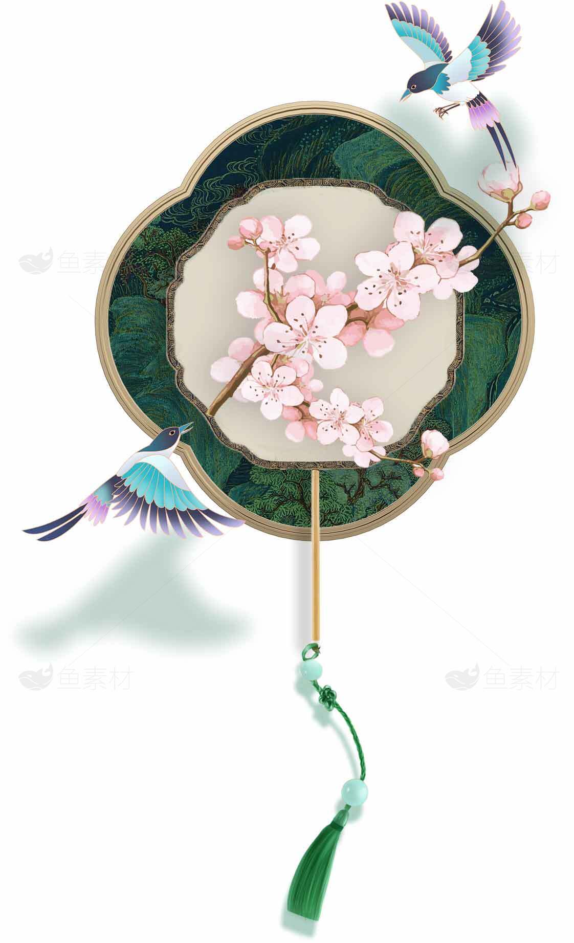 古风团扇设计：唯美樱花与飞鸟装饰素材