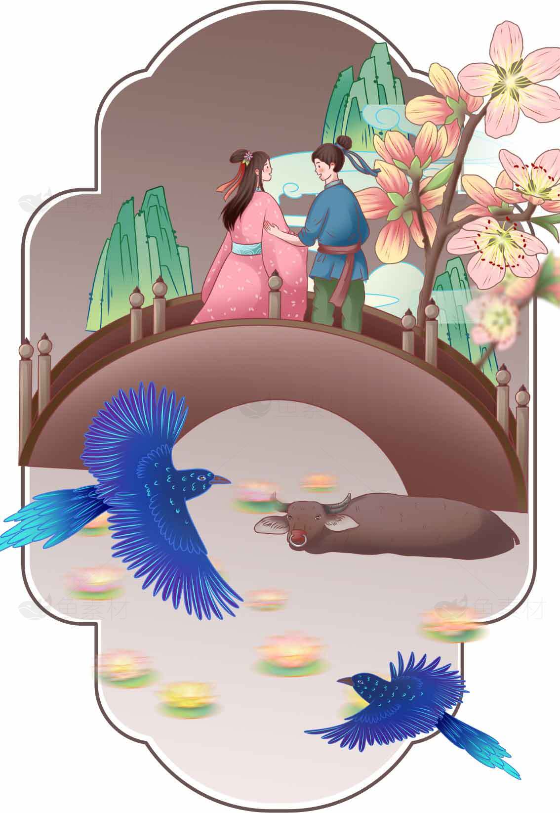 古风桥上情侣唯美插画素材