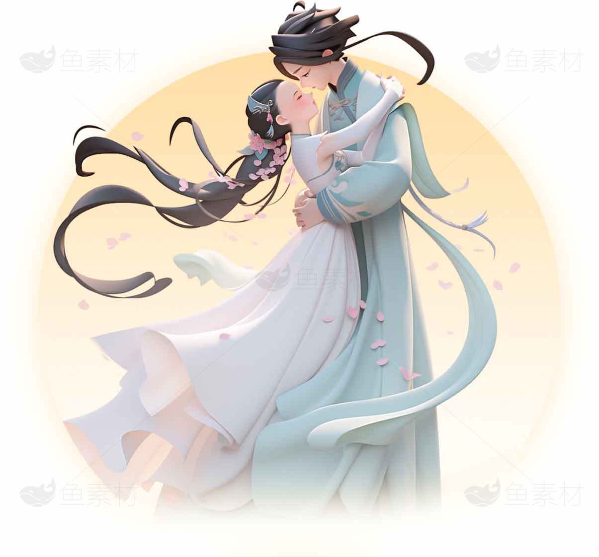 唯美古风情侣插画：浪漫拥抱与柔情素材