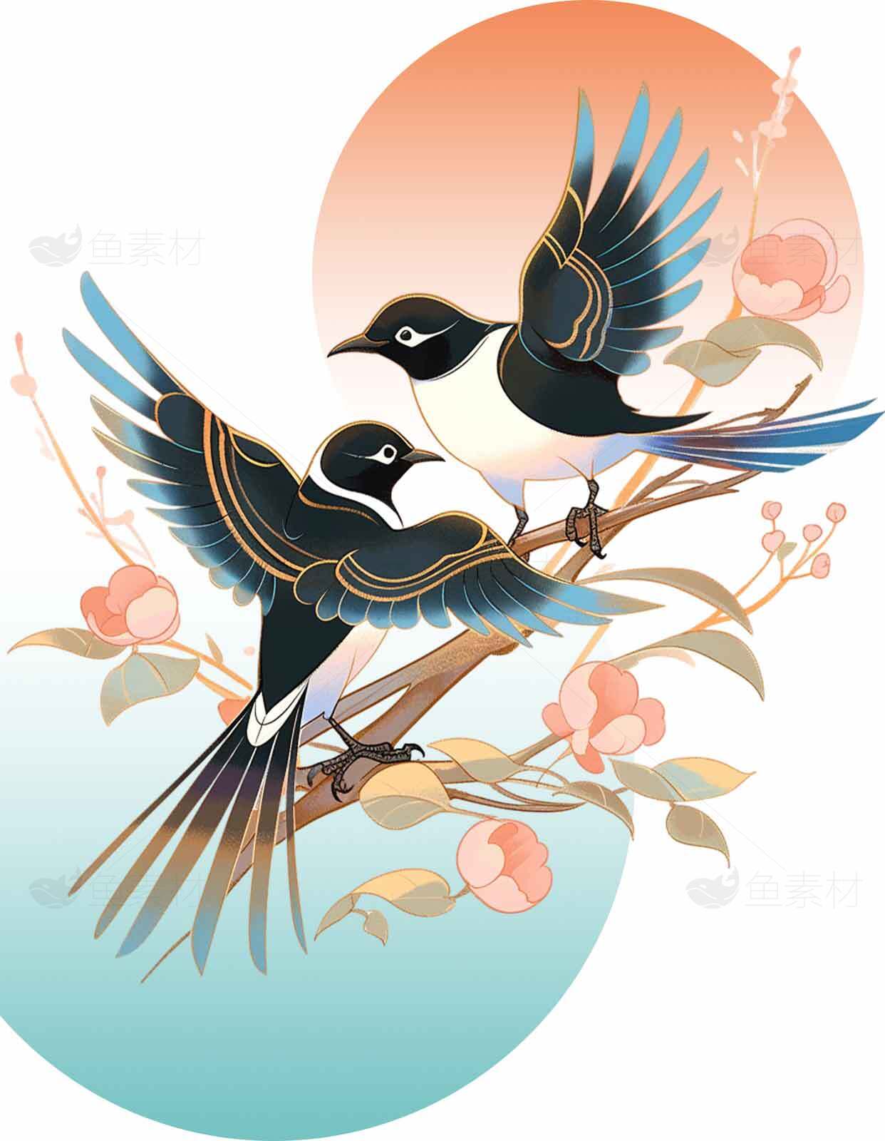春日花鸟插画：喜鹊与桃花的唯美艺术素材