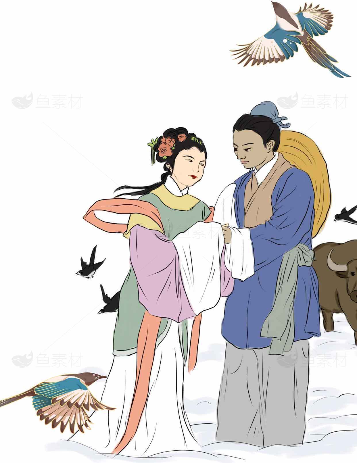 古风插画：传统服饰与自然元素的唯美结合素材