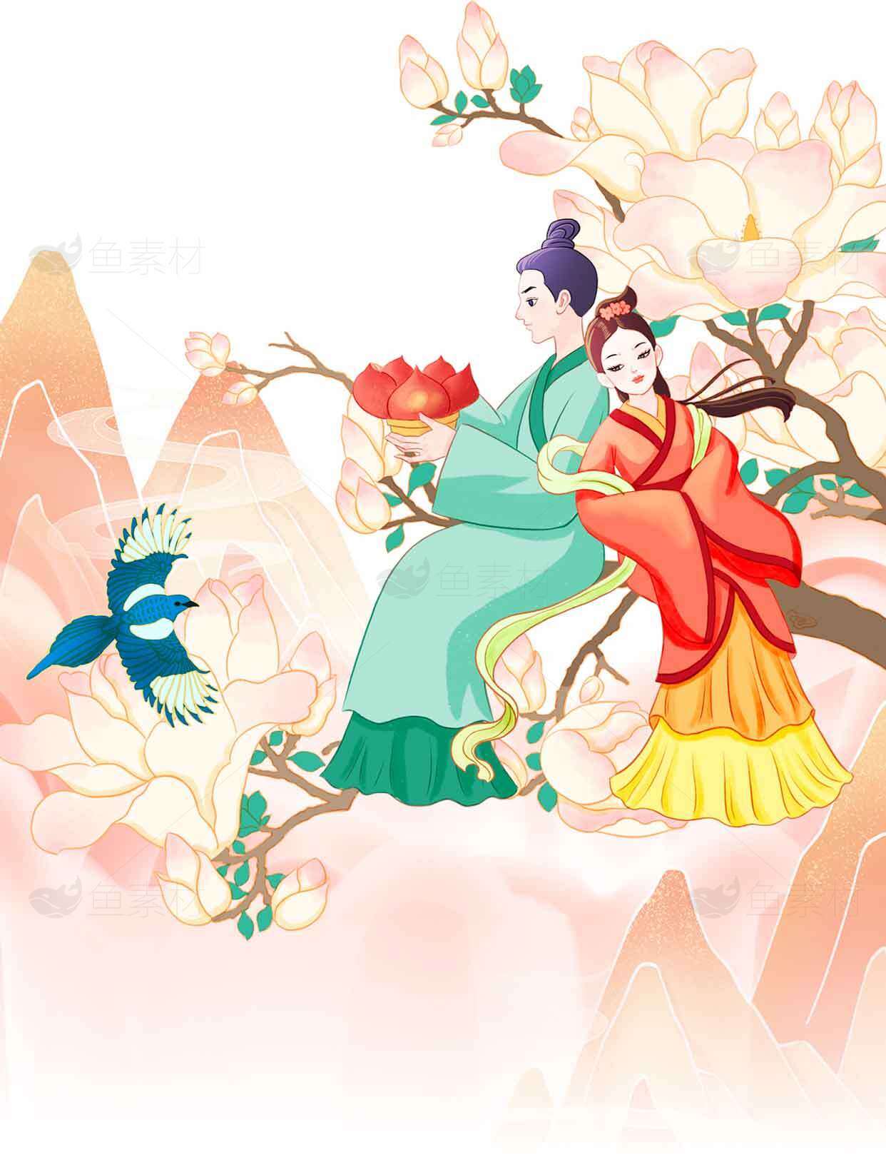 中国古典风格插画：花鸟与情侣意境美素材