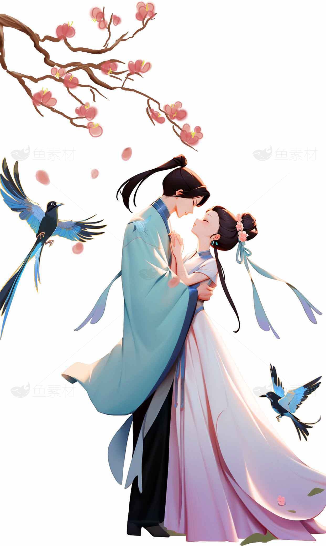 古风情侣插画：浪漫七夕鹊桥相会素材