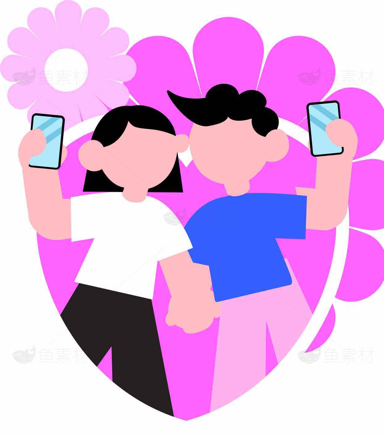 情侣自拍插画设计：甜蜜与现代科技的结合素材
