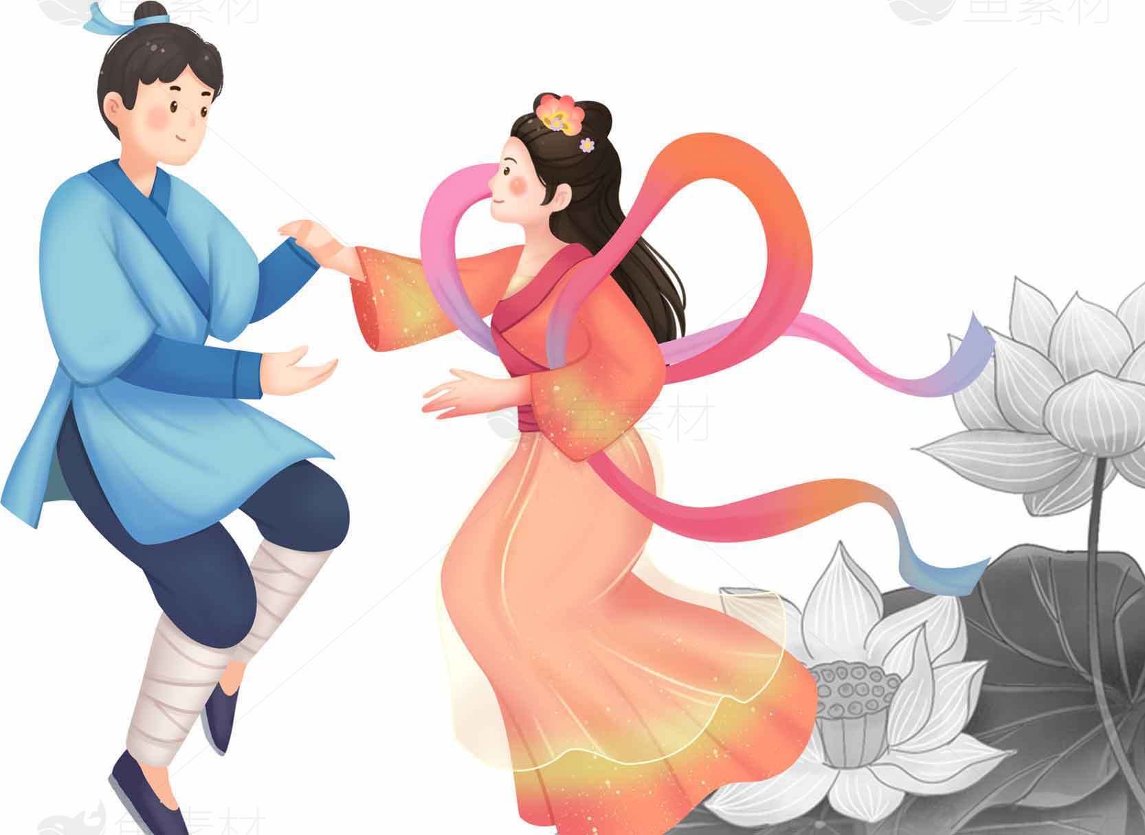 牛郎织女相会插图唯美荷花背景素材
