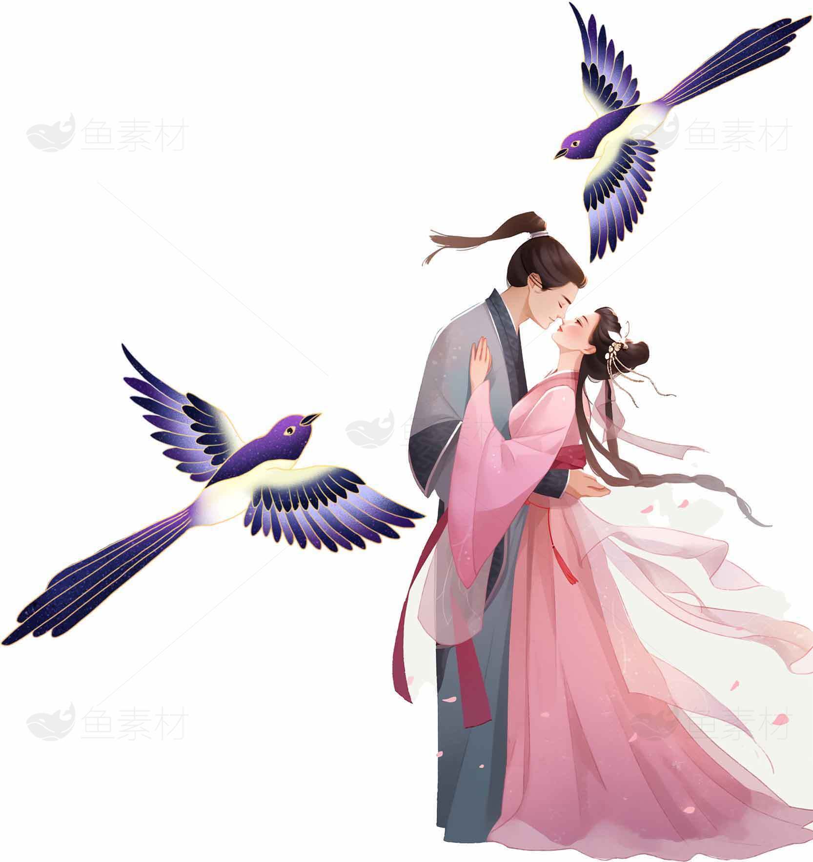 七夕浪漫古风插画：情侣与喜鹊相伴素材