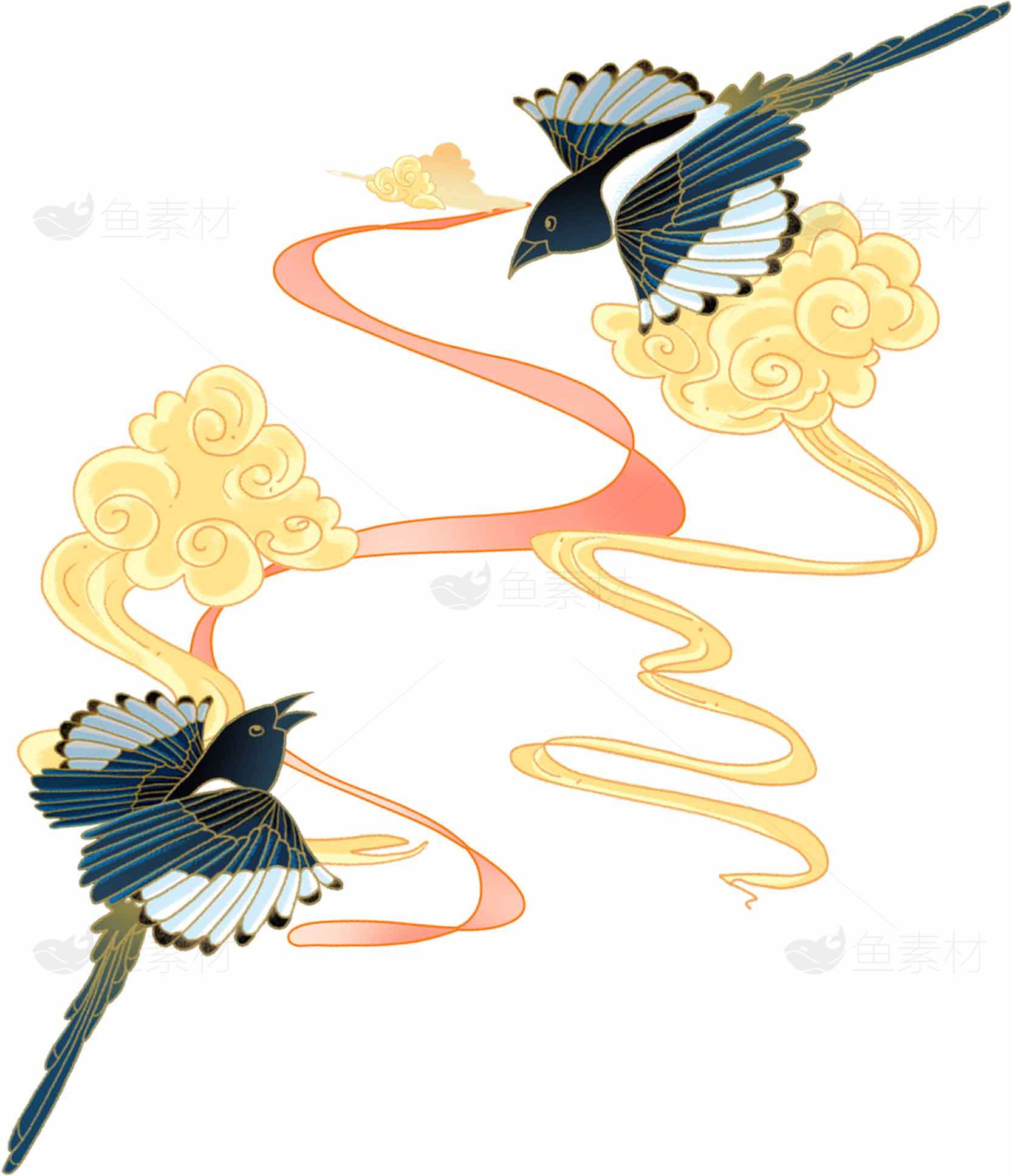 喜鹊与祥云的中国风插画设计素材