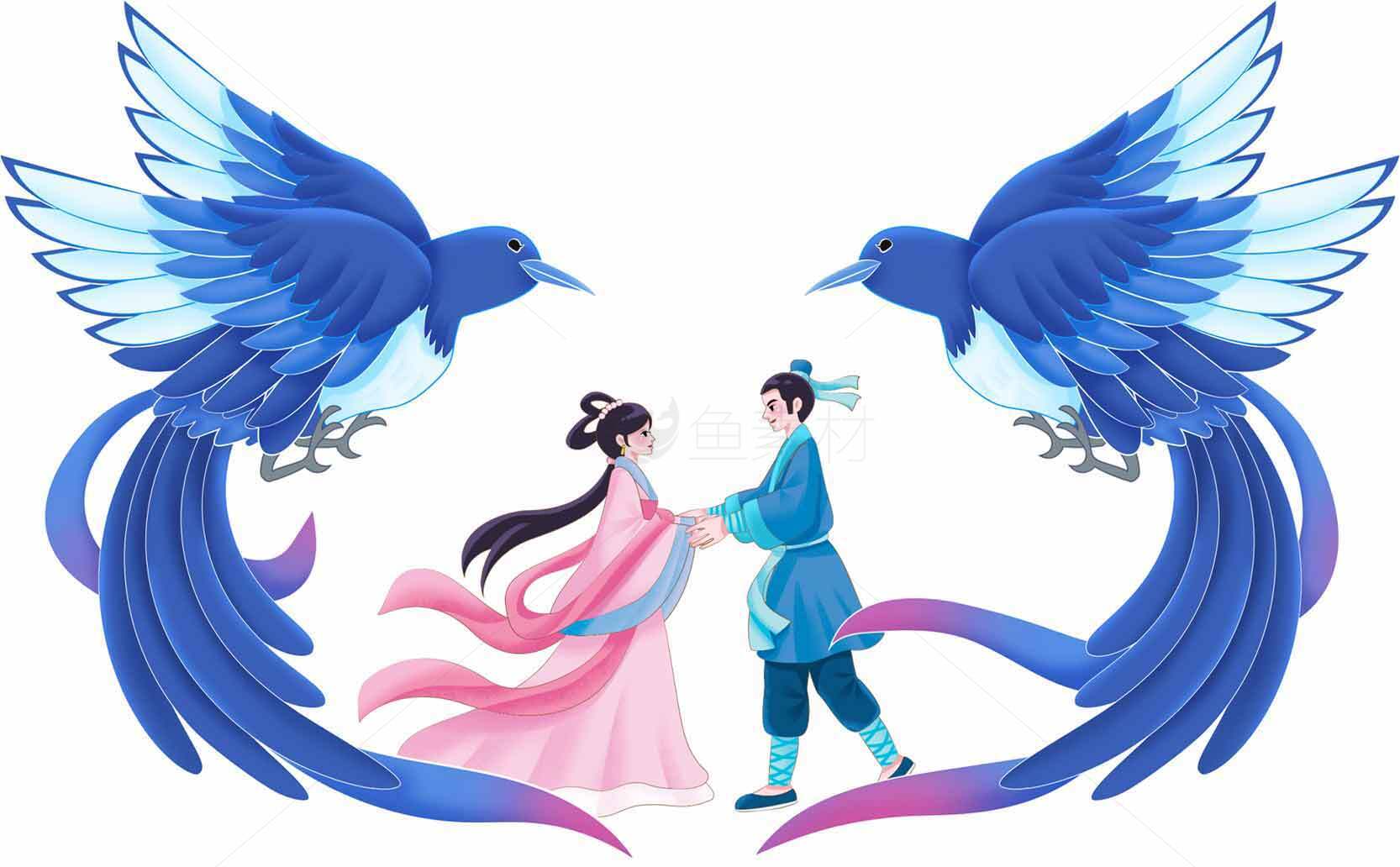 七夕浪漫鹊桥相会精美插画素材
