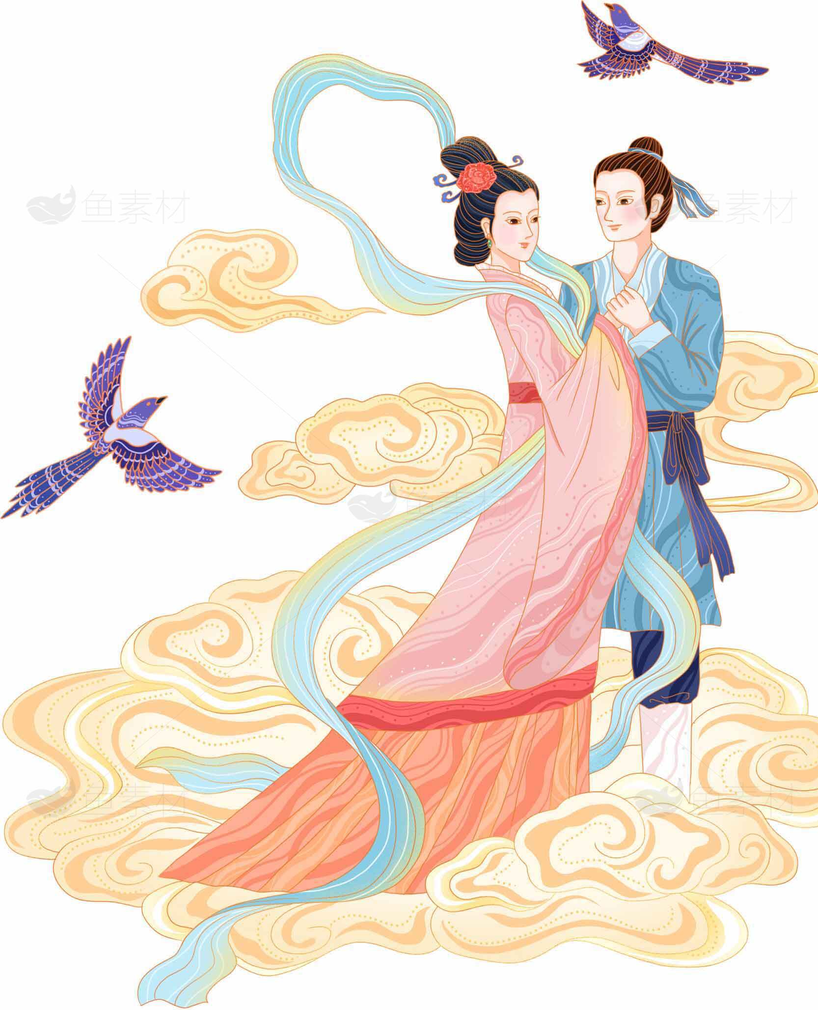 七夕鹊桥相会主题插画设计素材