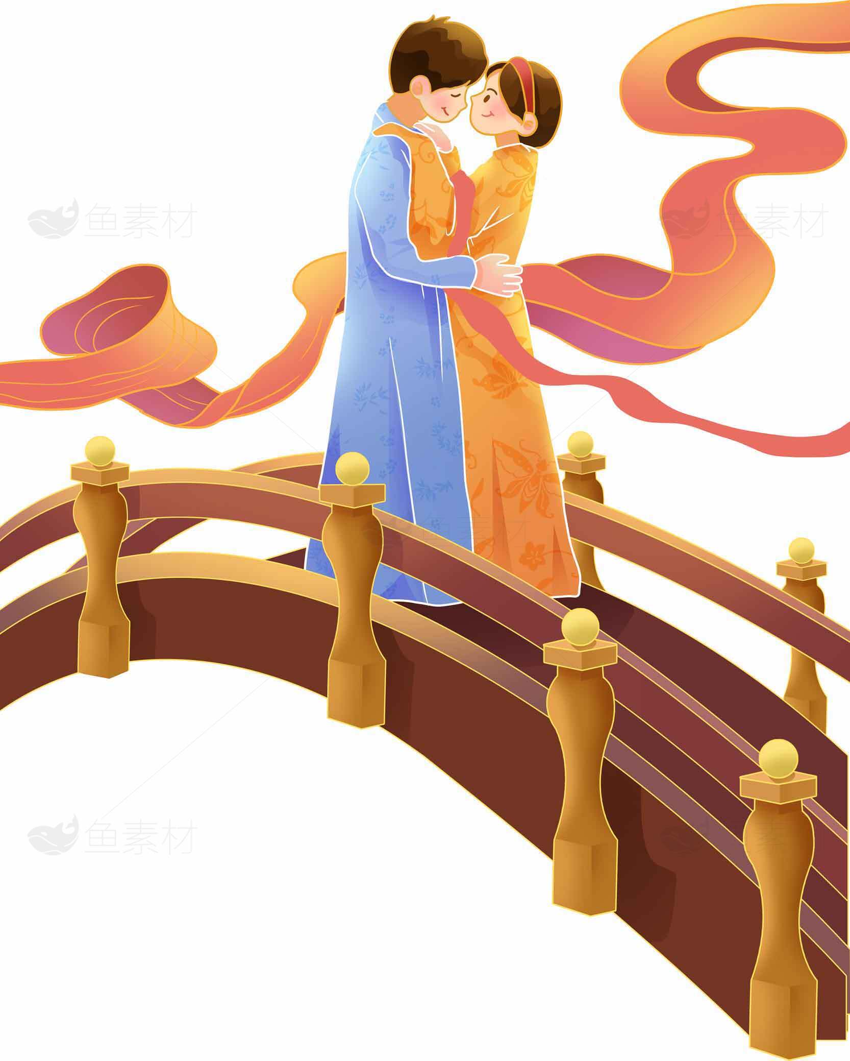 七夕浪漫插画：鹊桥相会唯美场景素材