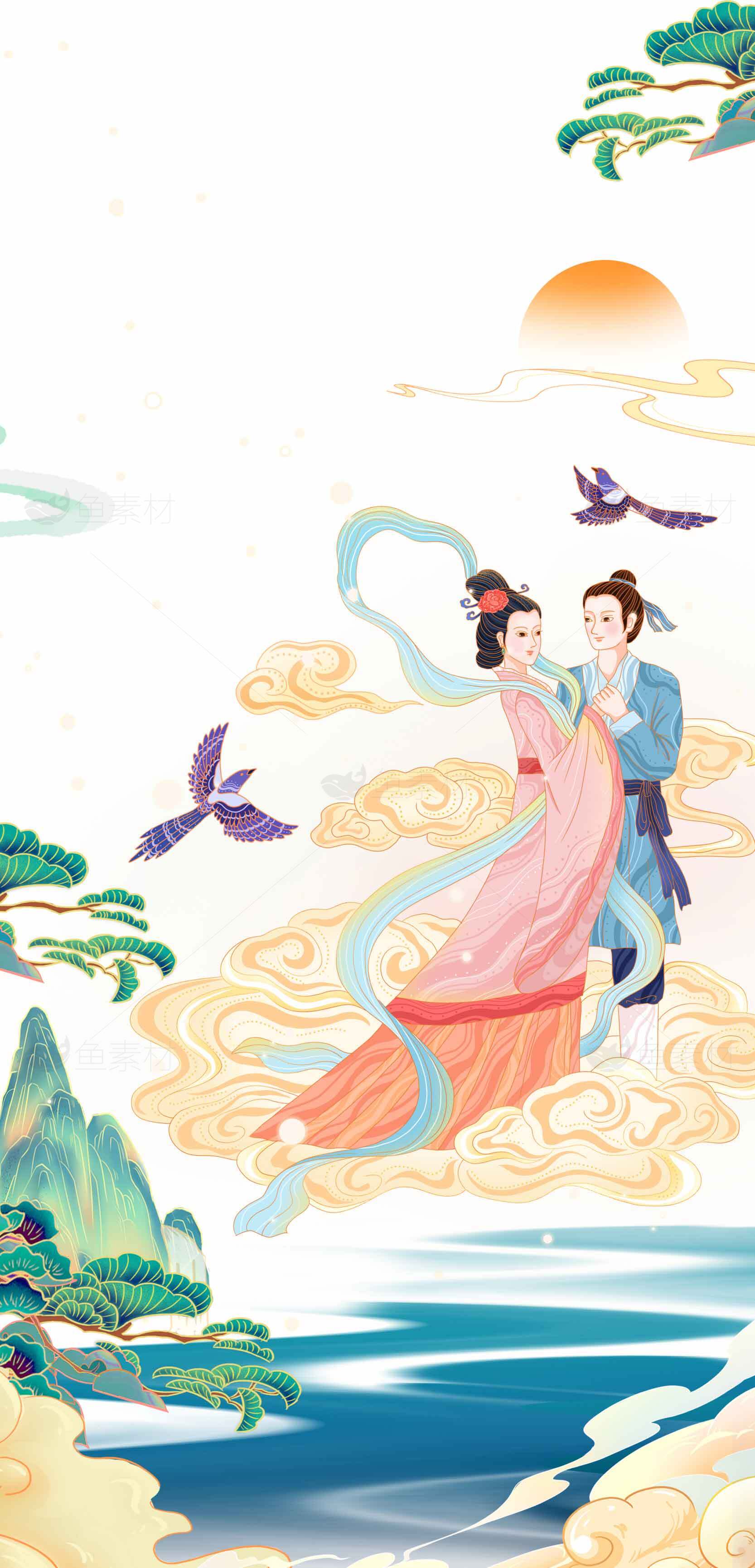 中国传统七夕节浪漫插画素材