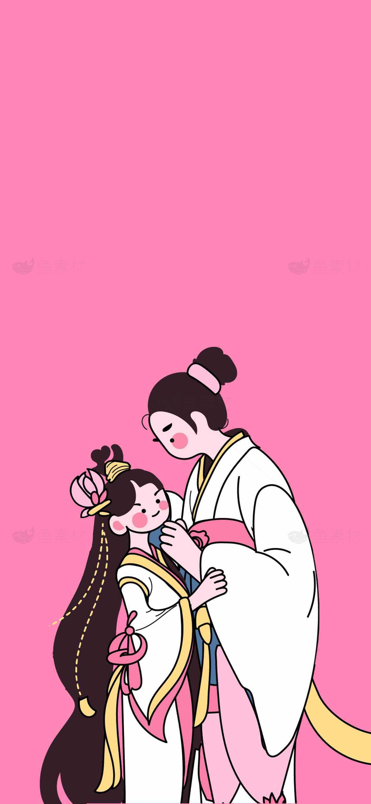 古风插画情侣粉色背景唯美画作素材