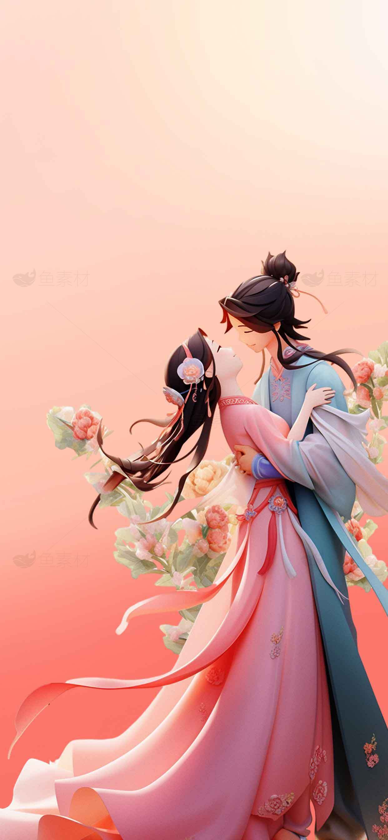 唯美古风情侣插画：浪漫爱情场景素材