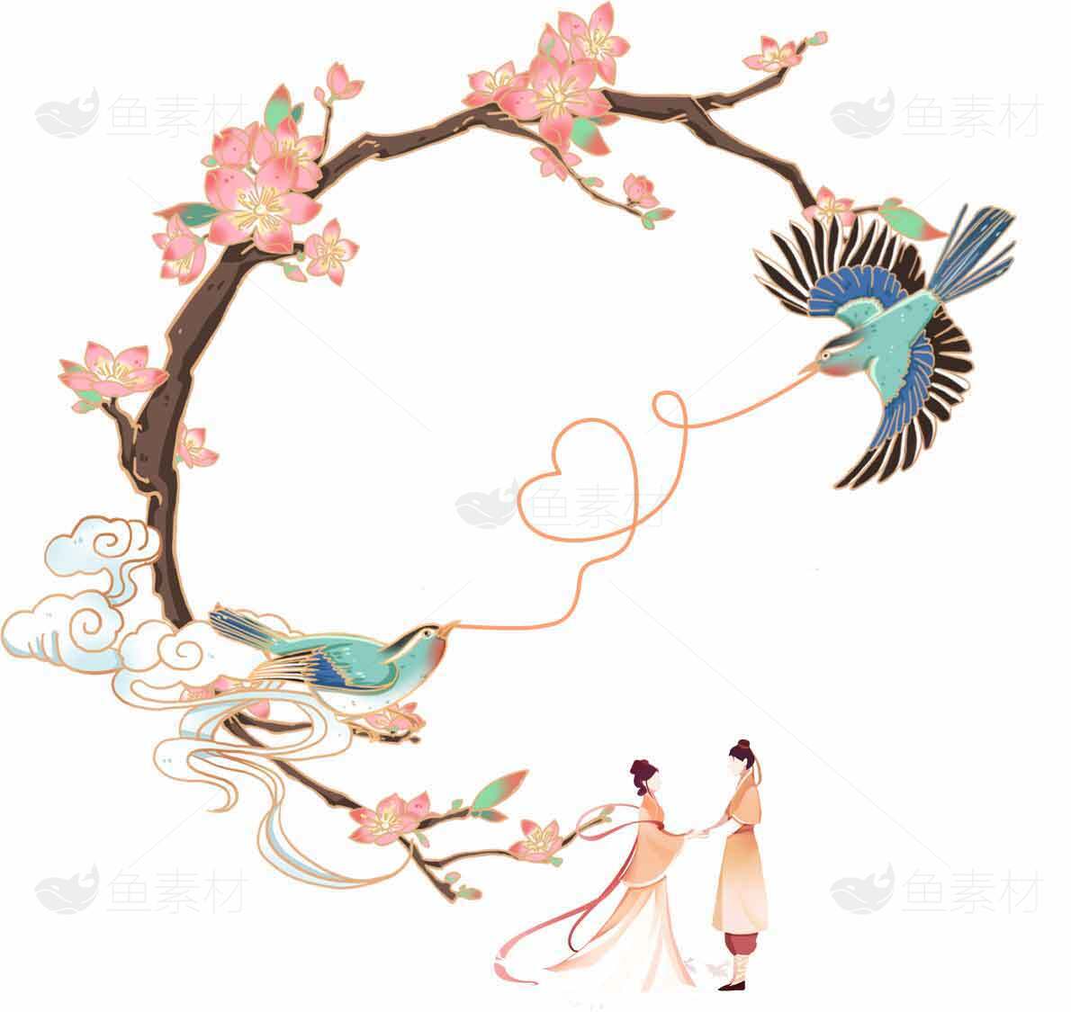 七夕节浪漫插画：喜鹊与桃花环绕的爱情故事素材