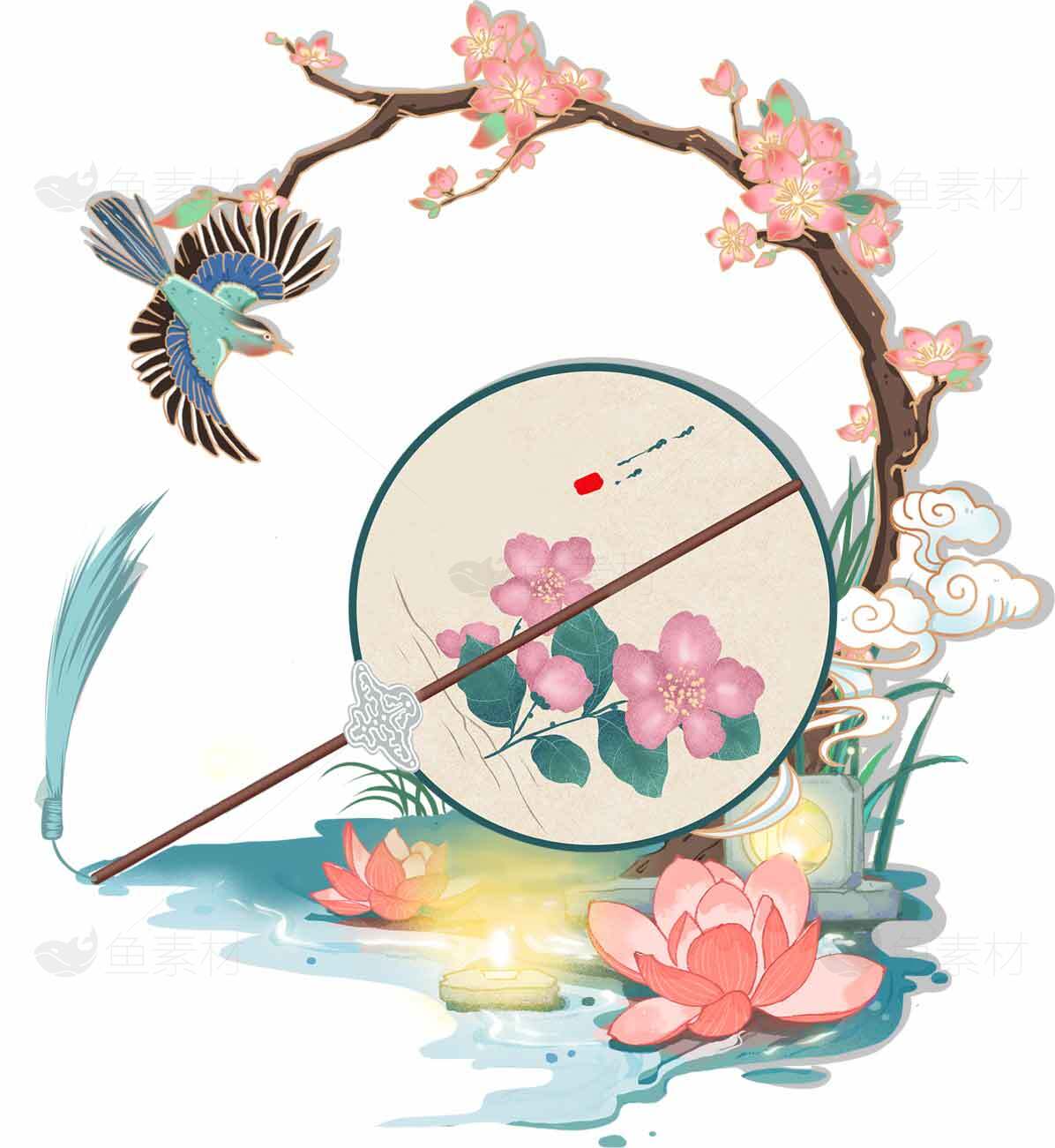 中国风花鸟团扇插画唯美意境图片素材
